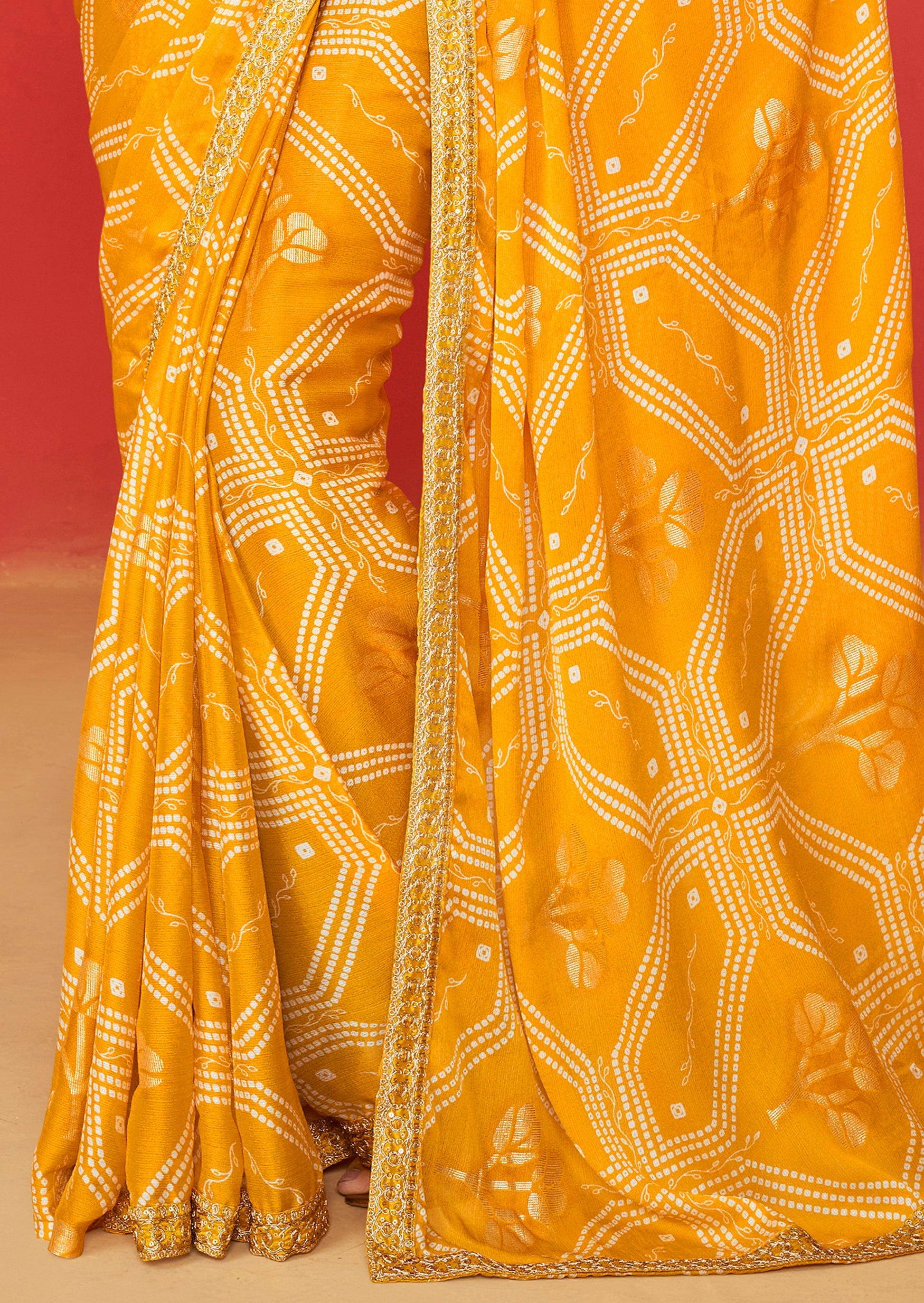 Cyber Yellow Chiffon Bandhani Embroidery Saree