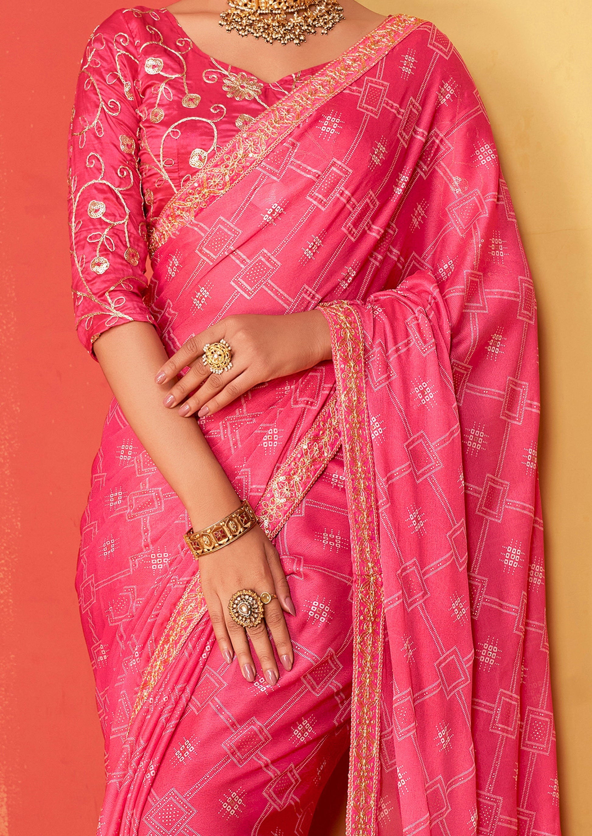 Petite Pink Chiffon Bandhani Embroidery Saree