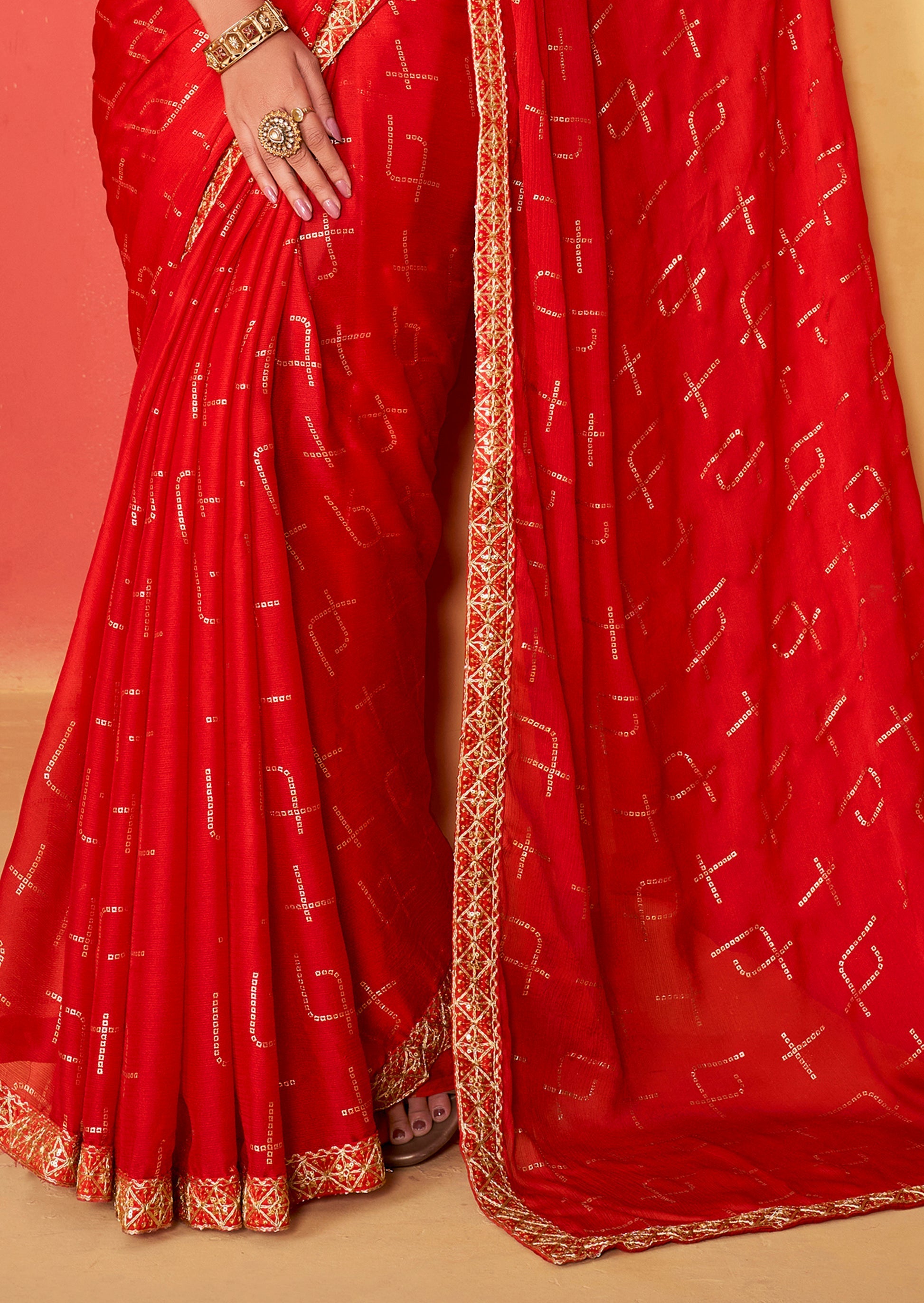 Persian Red Chiffon Bandhani Embroidery Saree