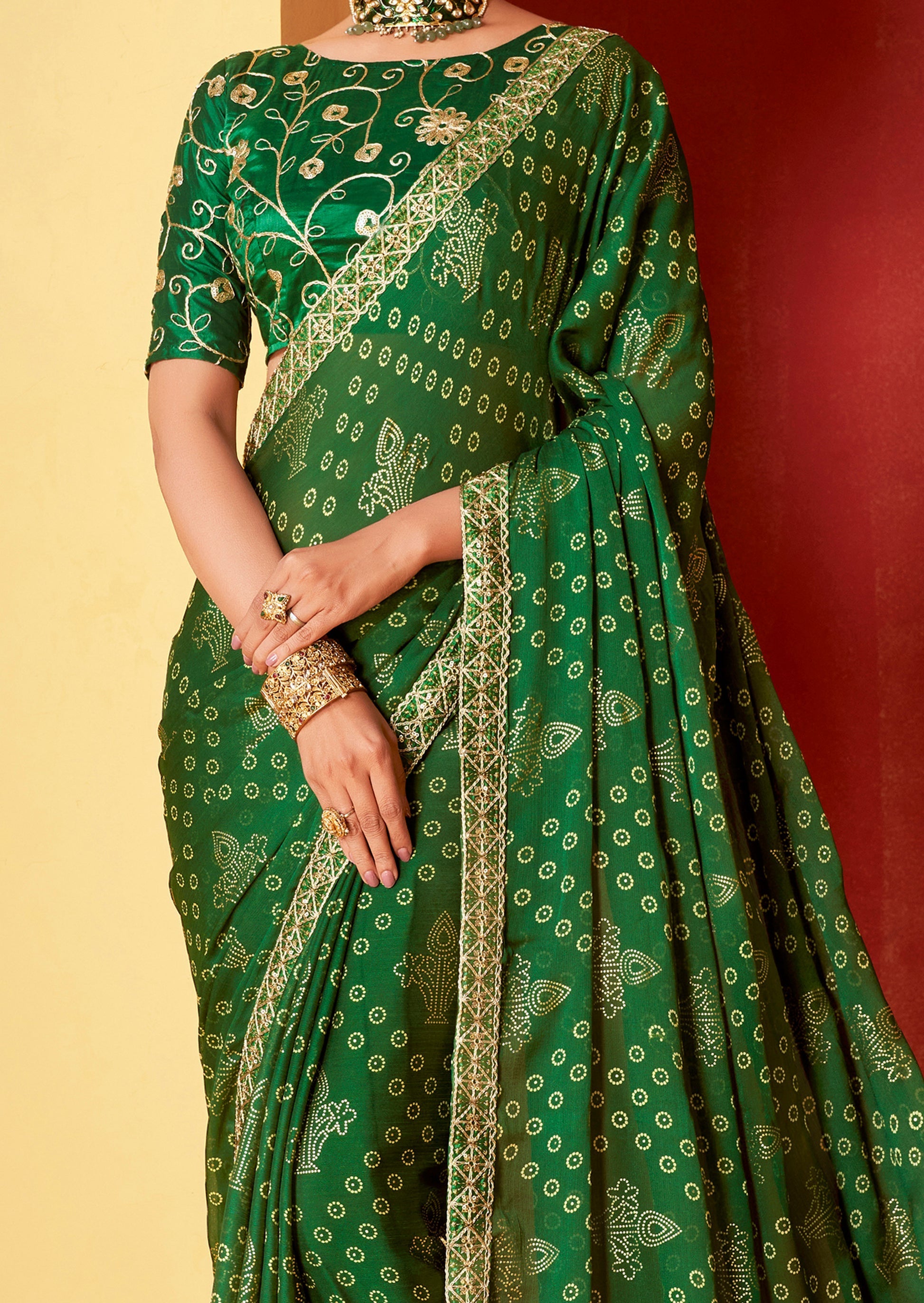 Dark Tree Green Chiffon Bandhani Embroidery Saree