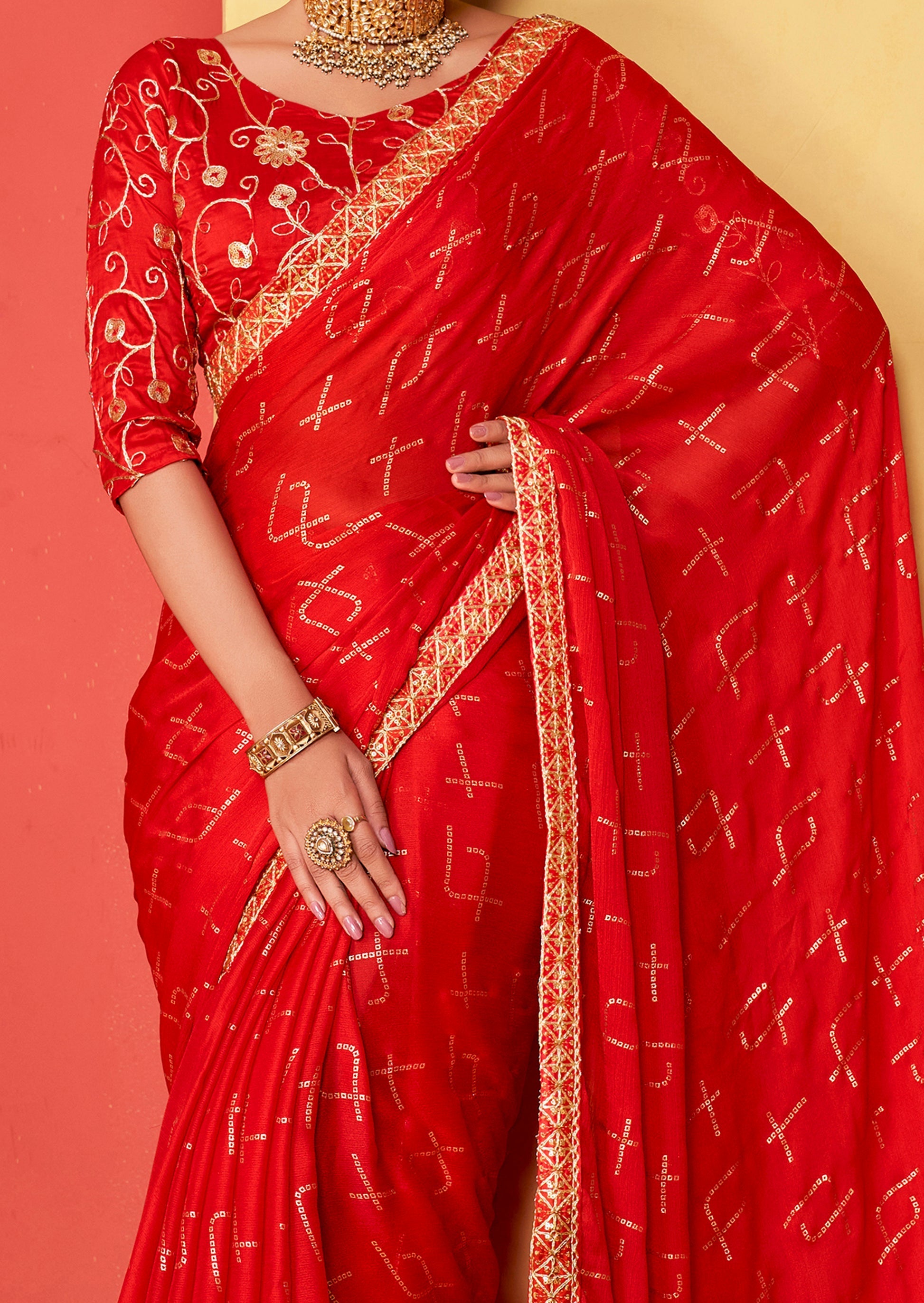 Persian Red Chiffon Bandhani Embroidery Saree