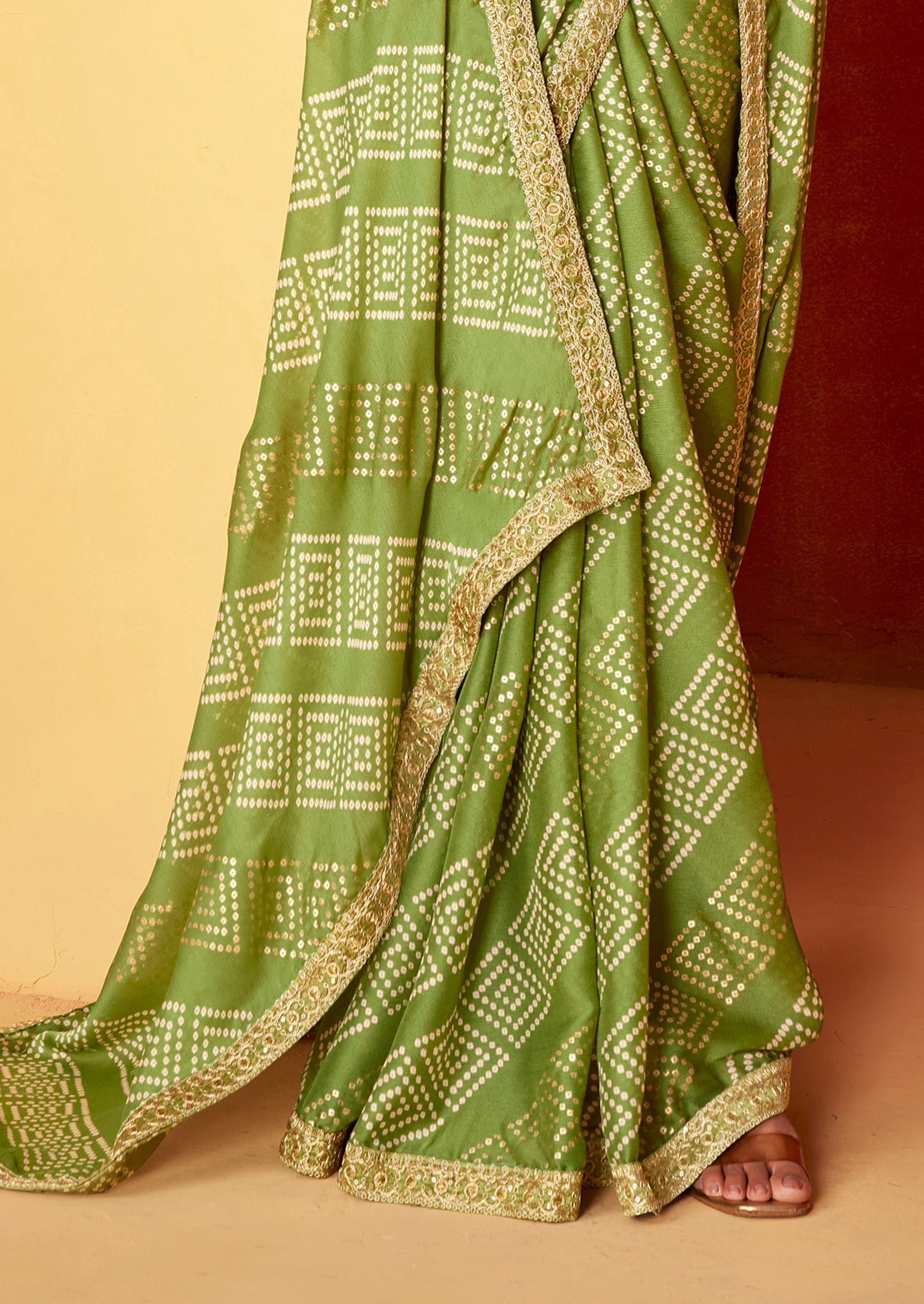 Christi Green Chiffon Bandhani Embroidery Saree