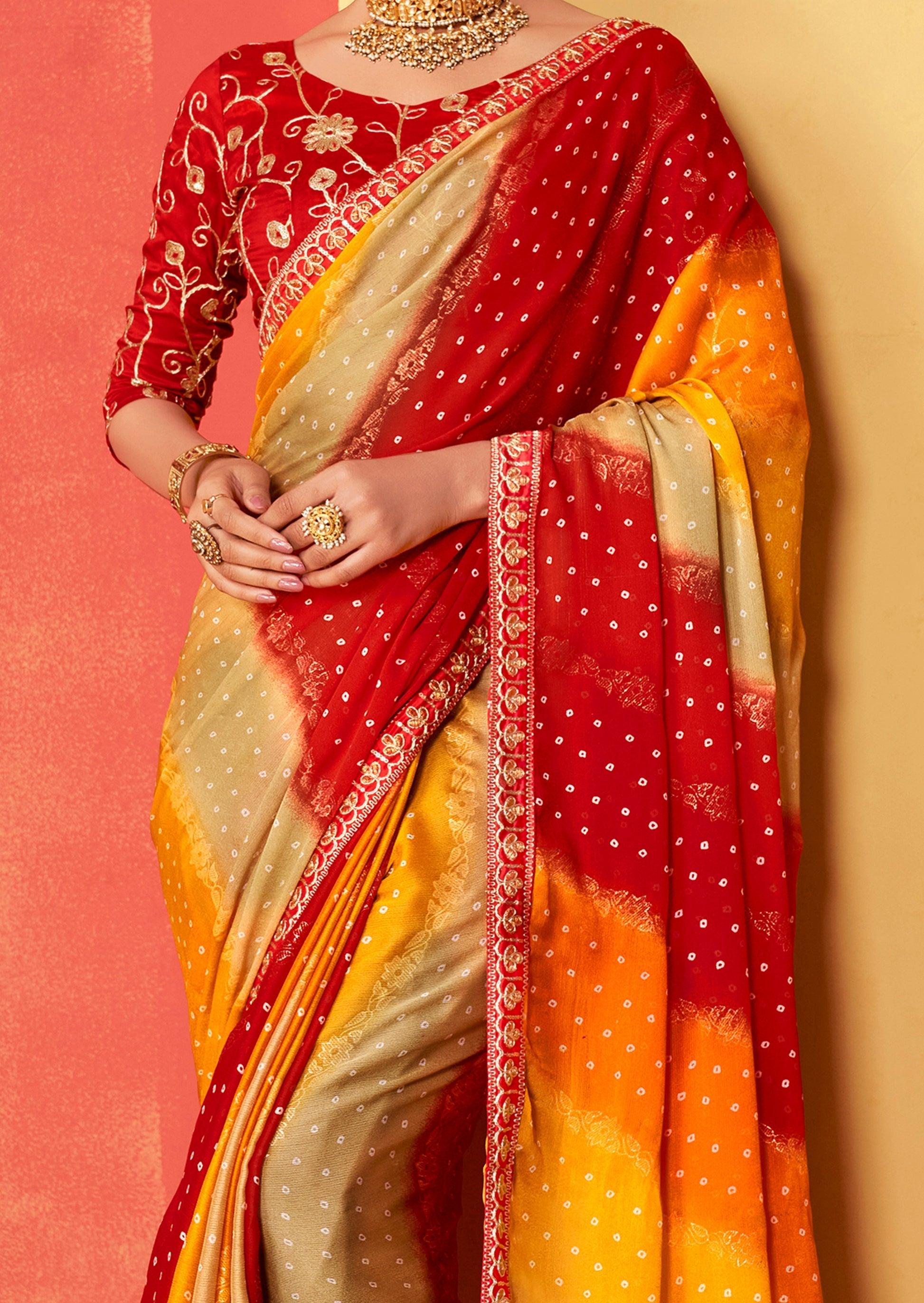 Sangria Red and Yellow Chiffon Bandhani Embroidery Saree