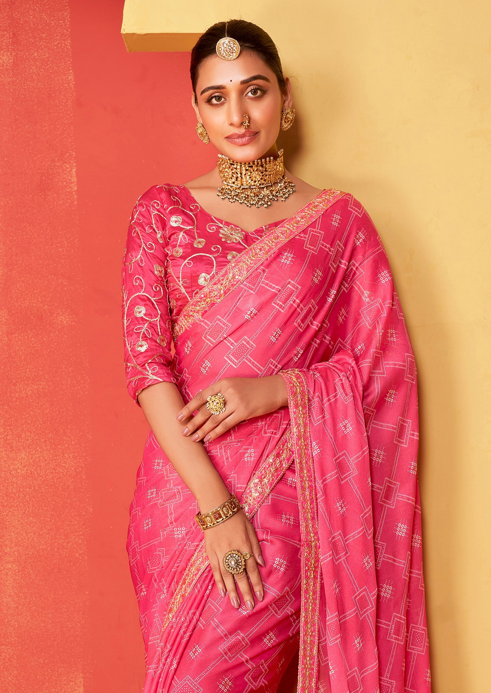 Petite Pink Chiffon Bandhani Embroidery Saree