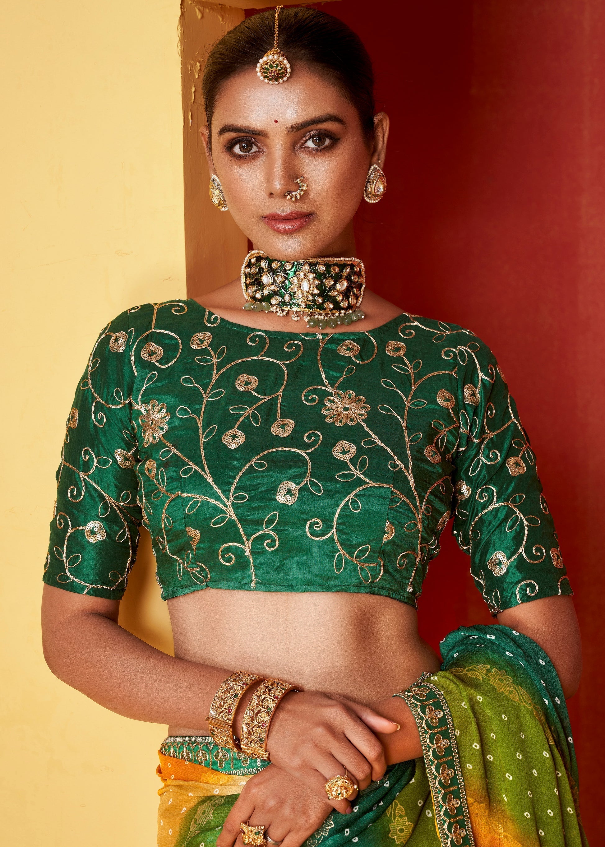 Emerald Green and Yellow Chiffon Bandhani Embroidery Saree