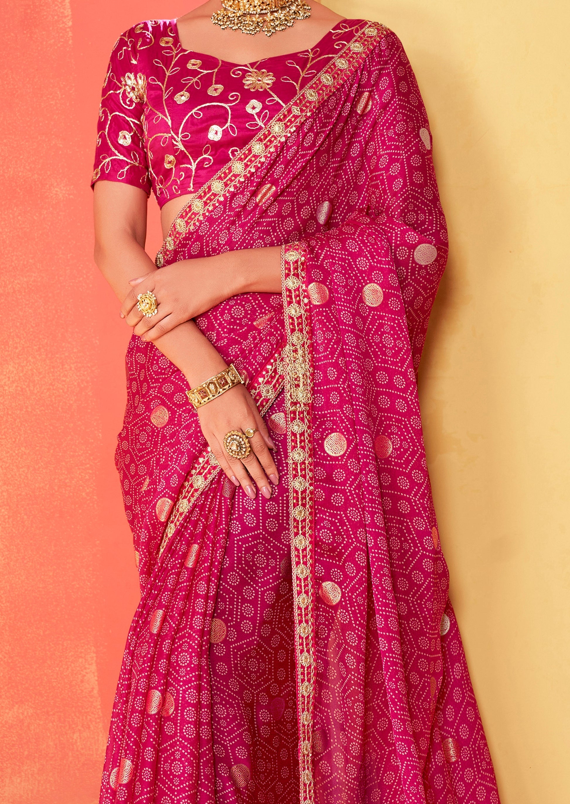 Barbie Pink Chiffon Bandhani Embroidery Saree