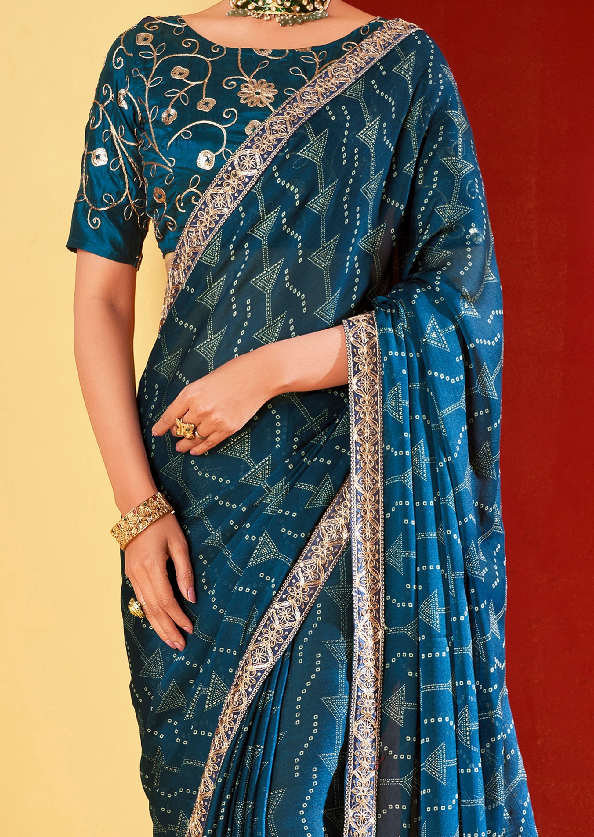 Berry Blue Chiffon Bandhani Embroidery Saree