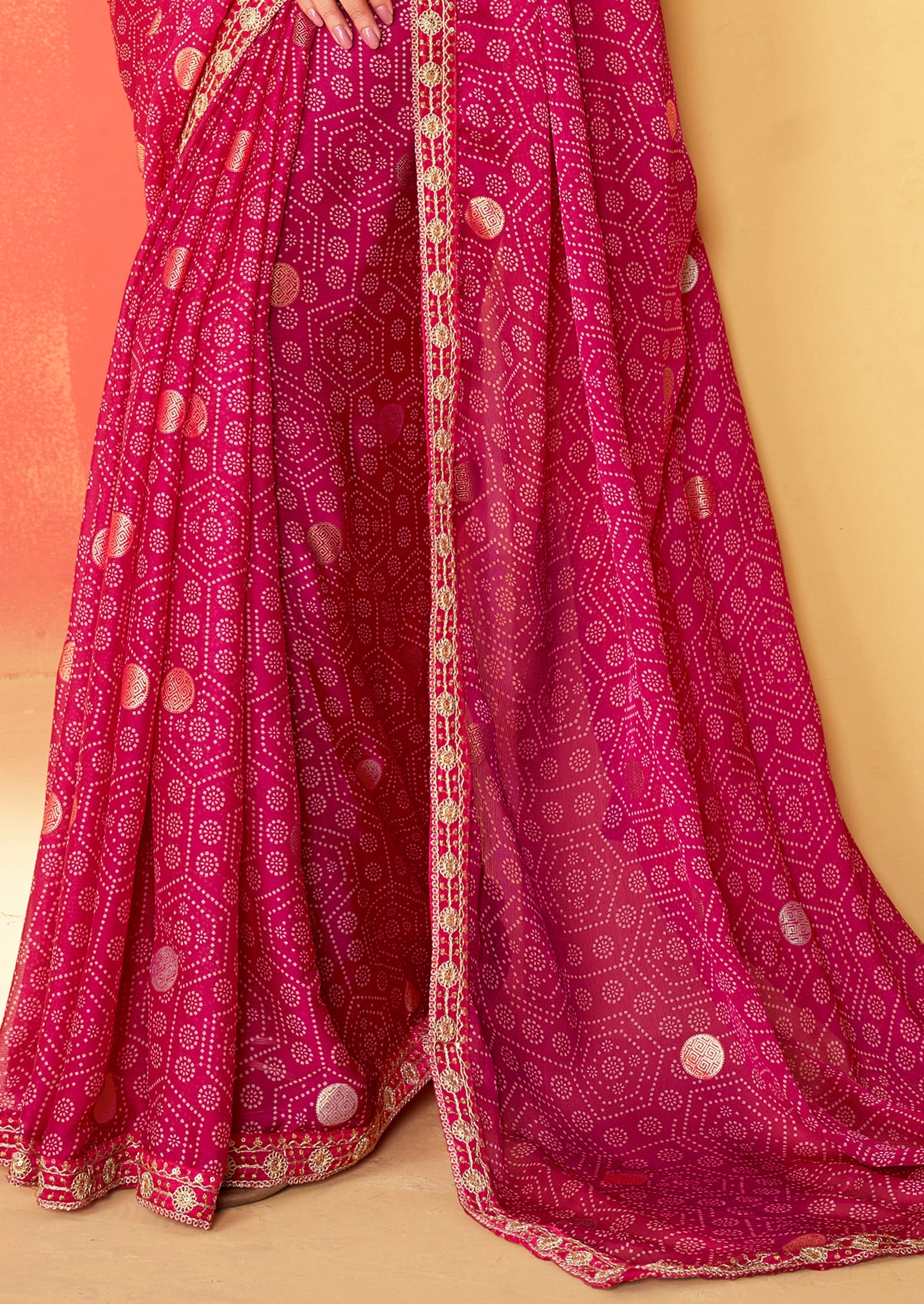 Barbie Pink Chiffon Bandhani Embroidery Saree