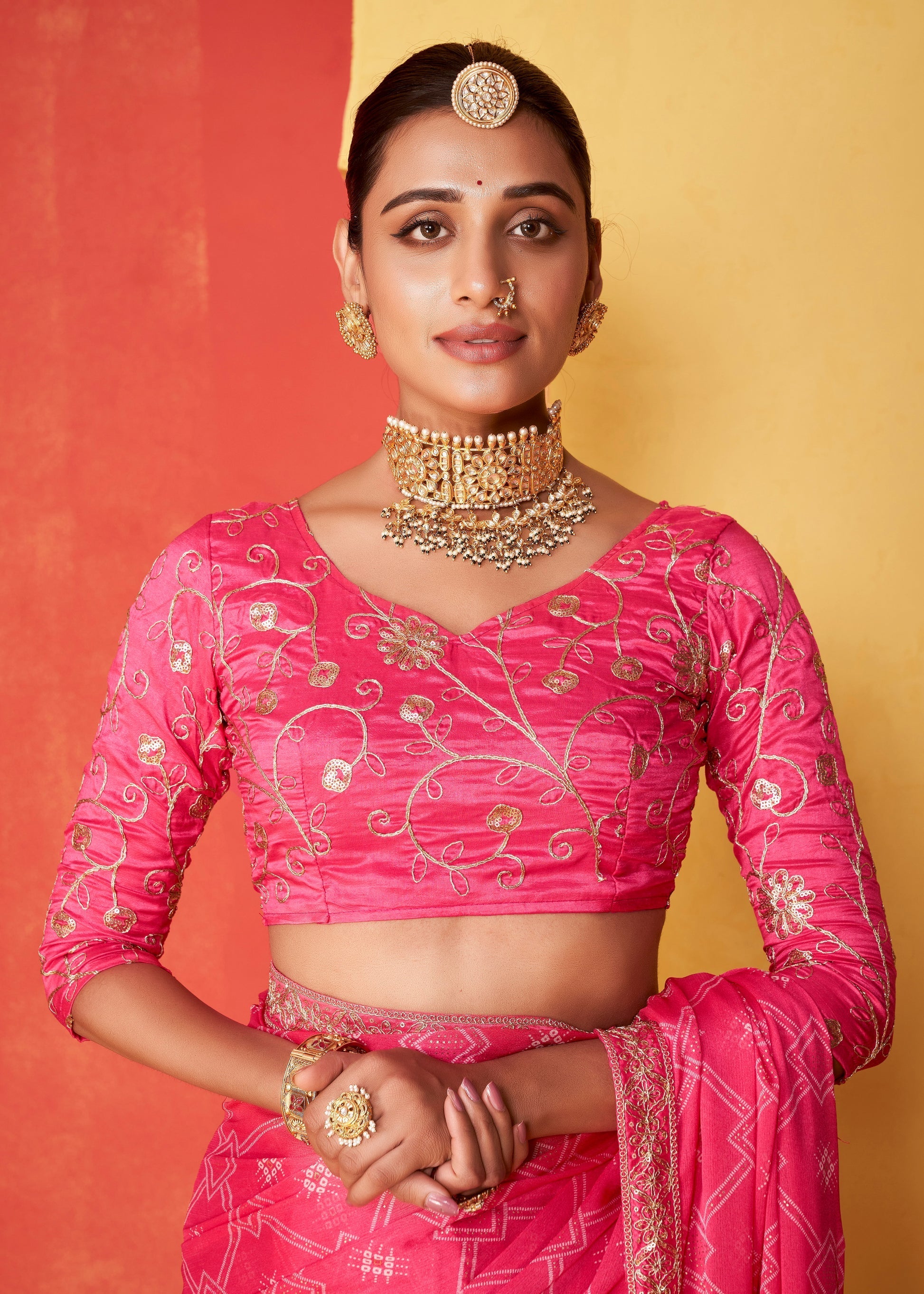 Petite Pink Chiffon Bandhani Embroidery Saree