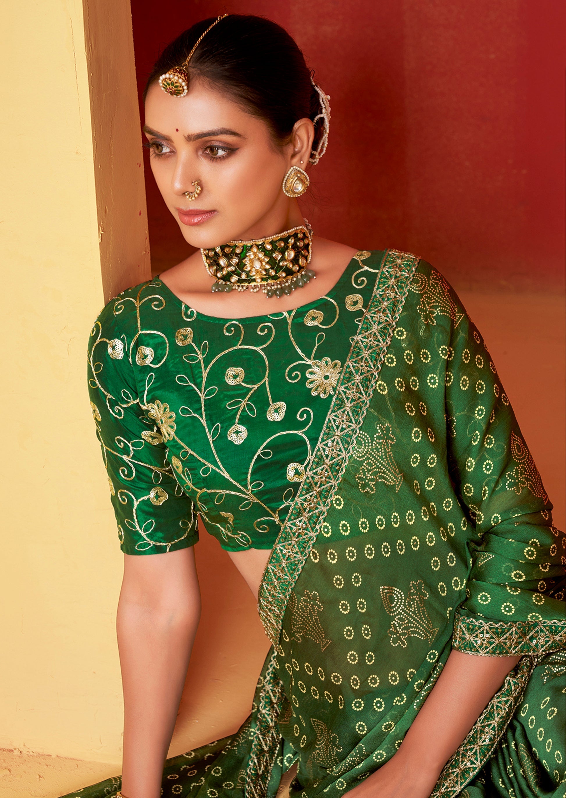 Dark Tree Green Chiffon Bandhani Embroidery Saree