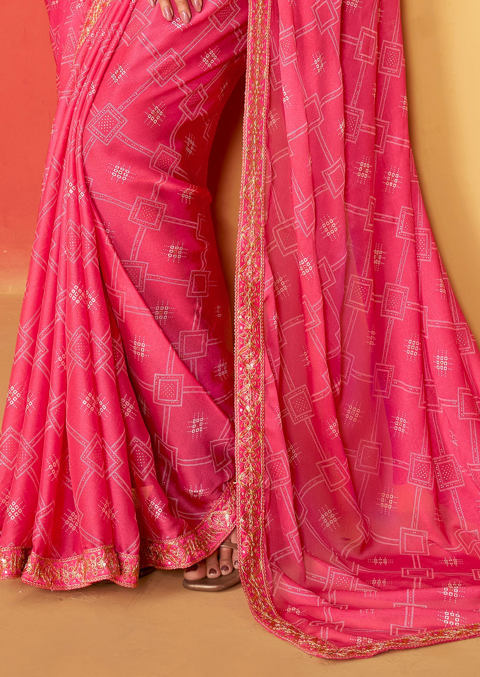 Petite Pink Chiffon Bandhani Embroidery Saree