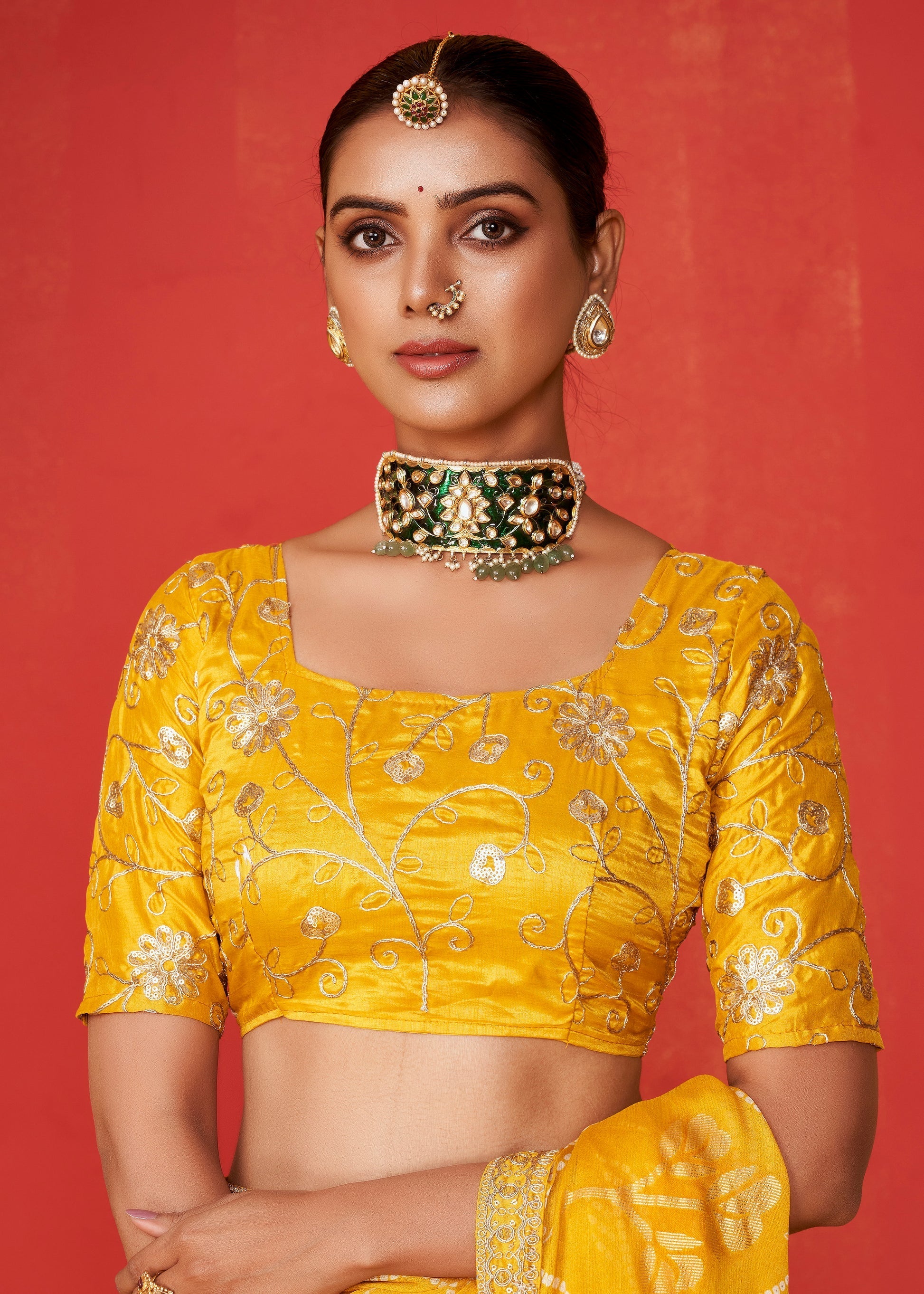 Cyber Yellow Chiffon Bandhani Embroidery Saree