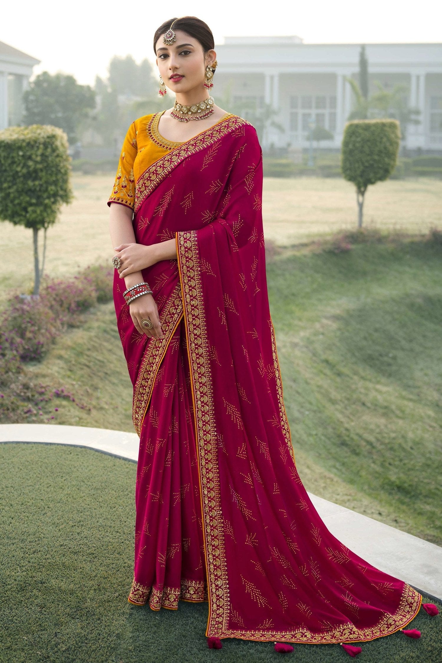 Cherry Maroon and Yellow Chiffon Stone Work Saree