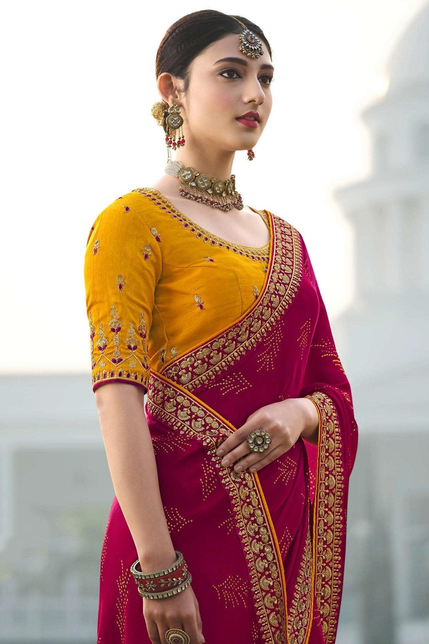 Cherry Maroon and Yellow Chiffon Stone Work Saree