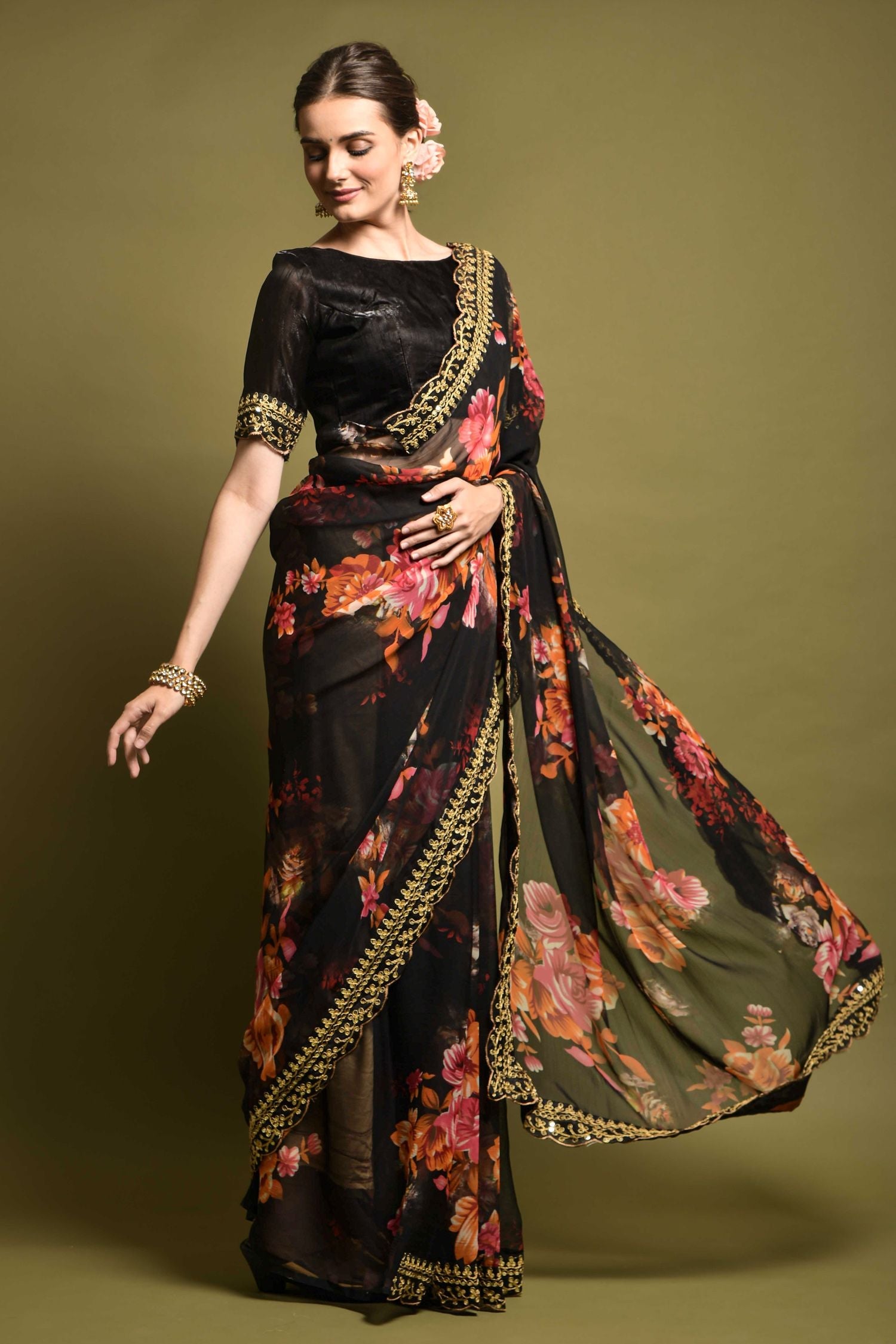 Licorice Black Georgette Printed Silk Saree