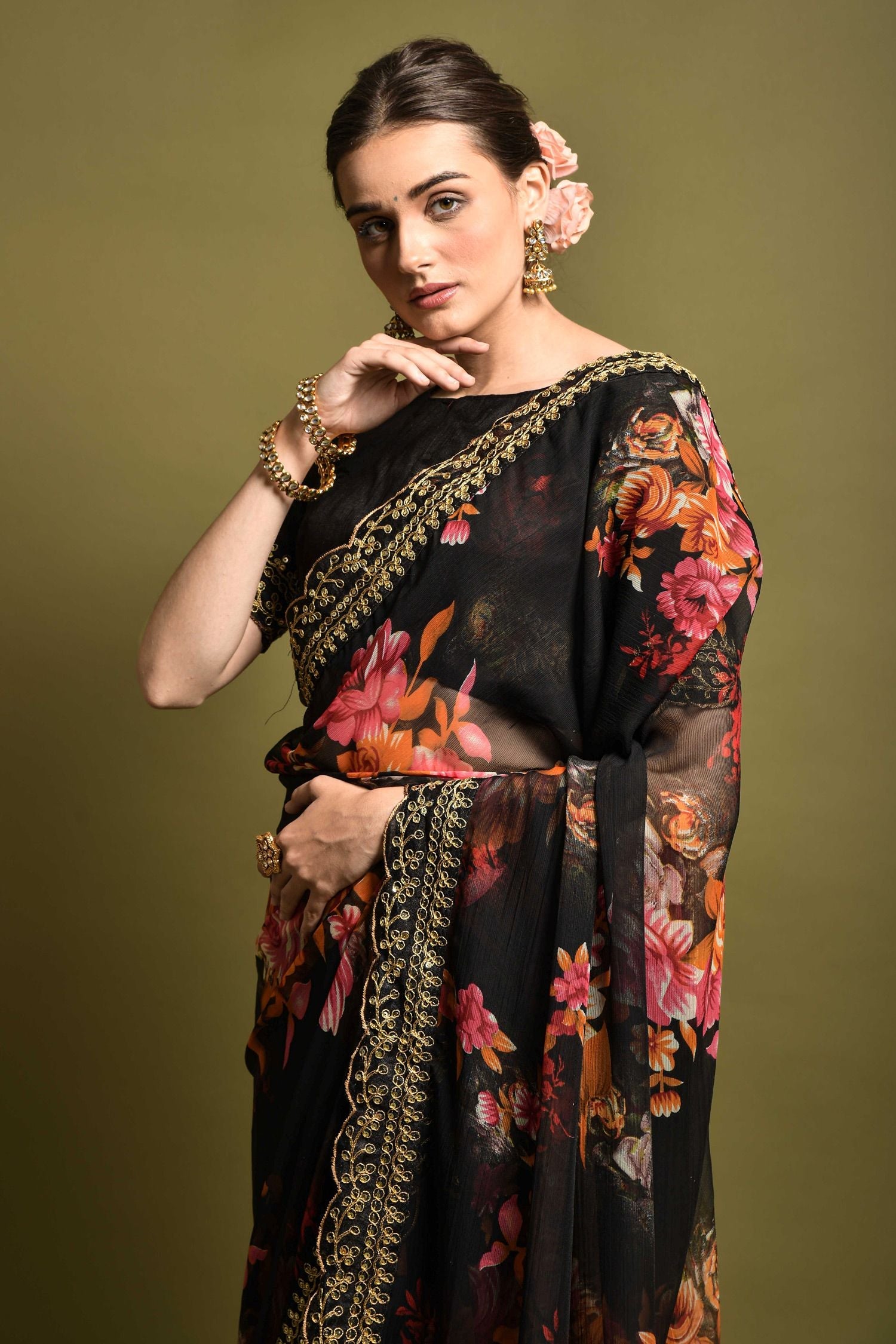 Licorice Black Georgette Printed Silk Saree