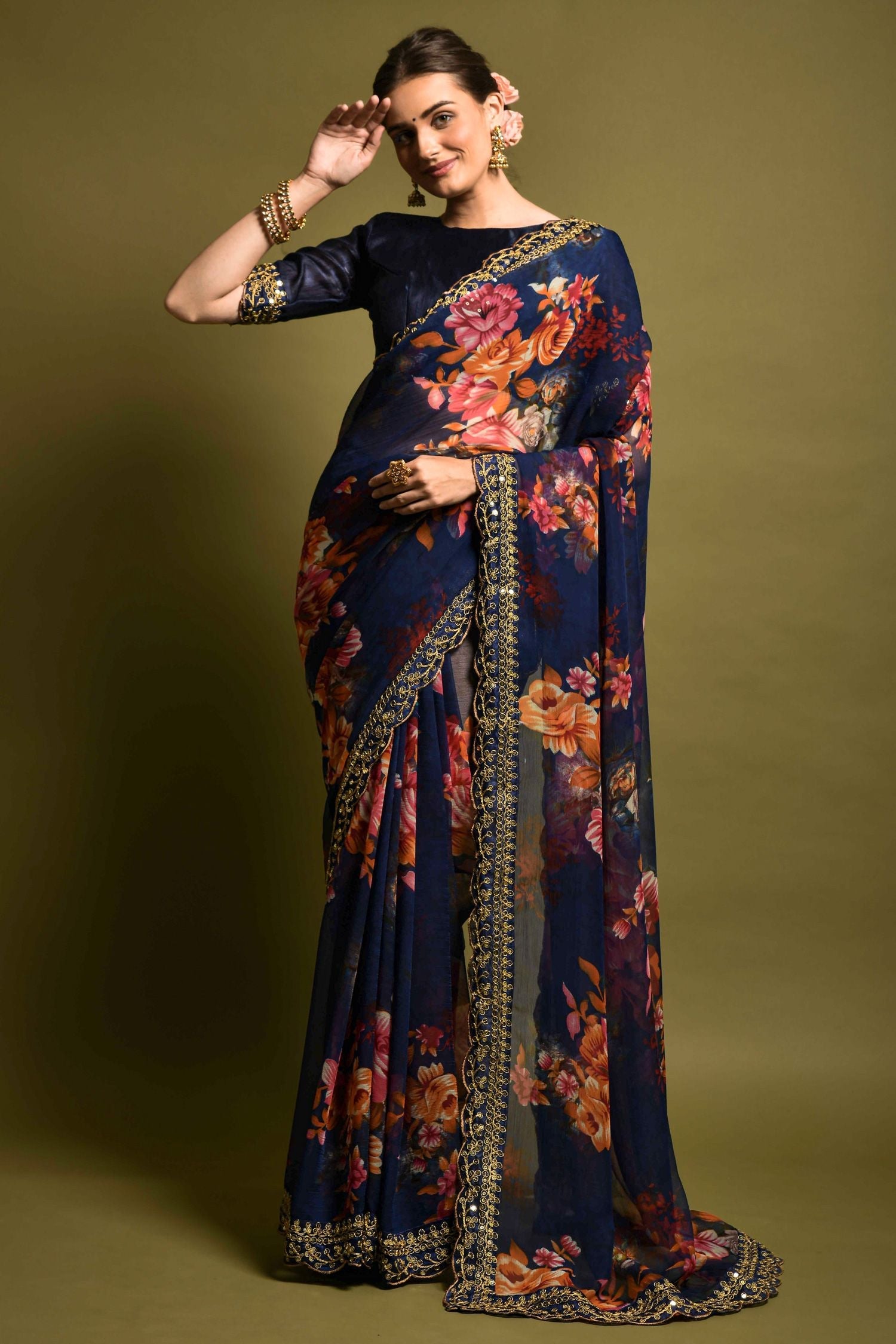 Thunder Blue Georgette Printed Silk Saree