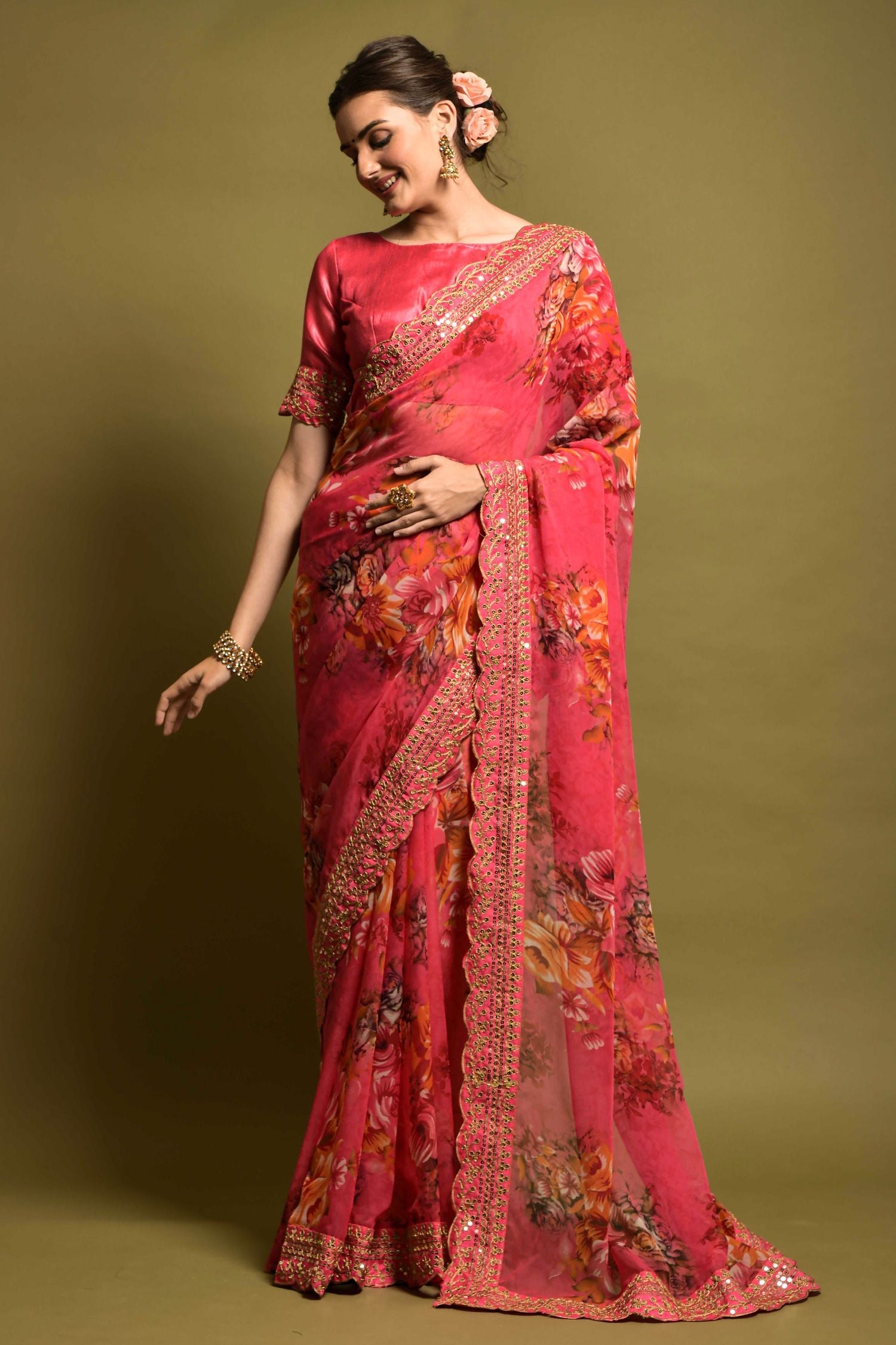 Roman Pink Georgette Printed Silk Saree