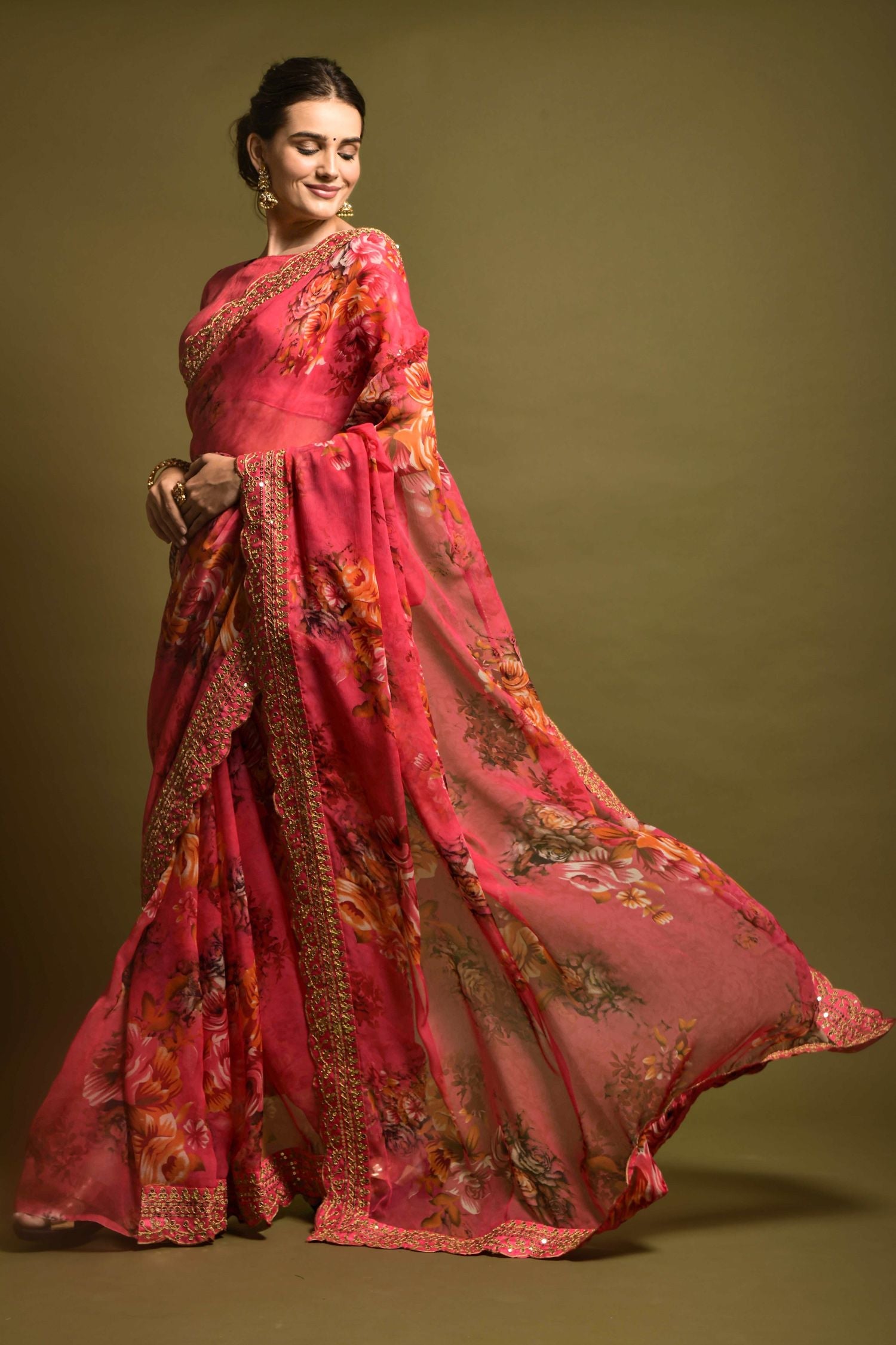 Roman Pink Georgette Printed Silk Saree