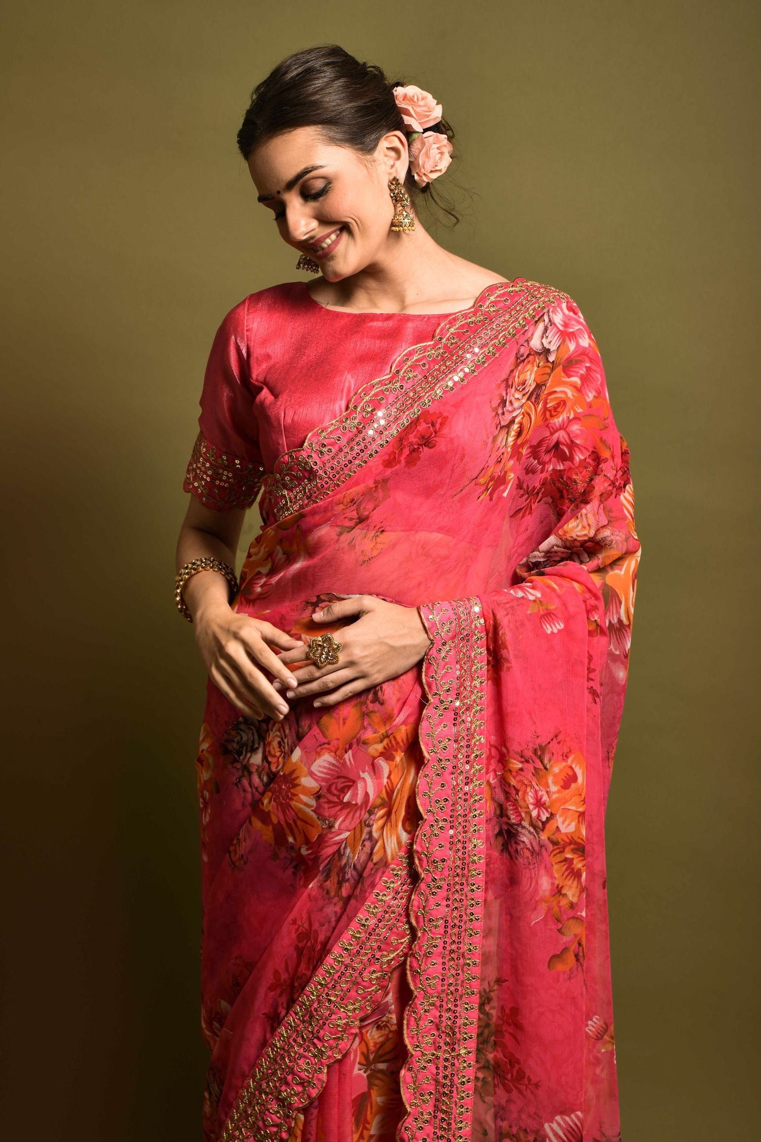 Roman Pink Georgette Printed Silk Saree