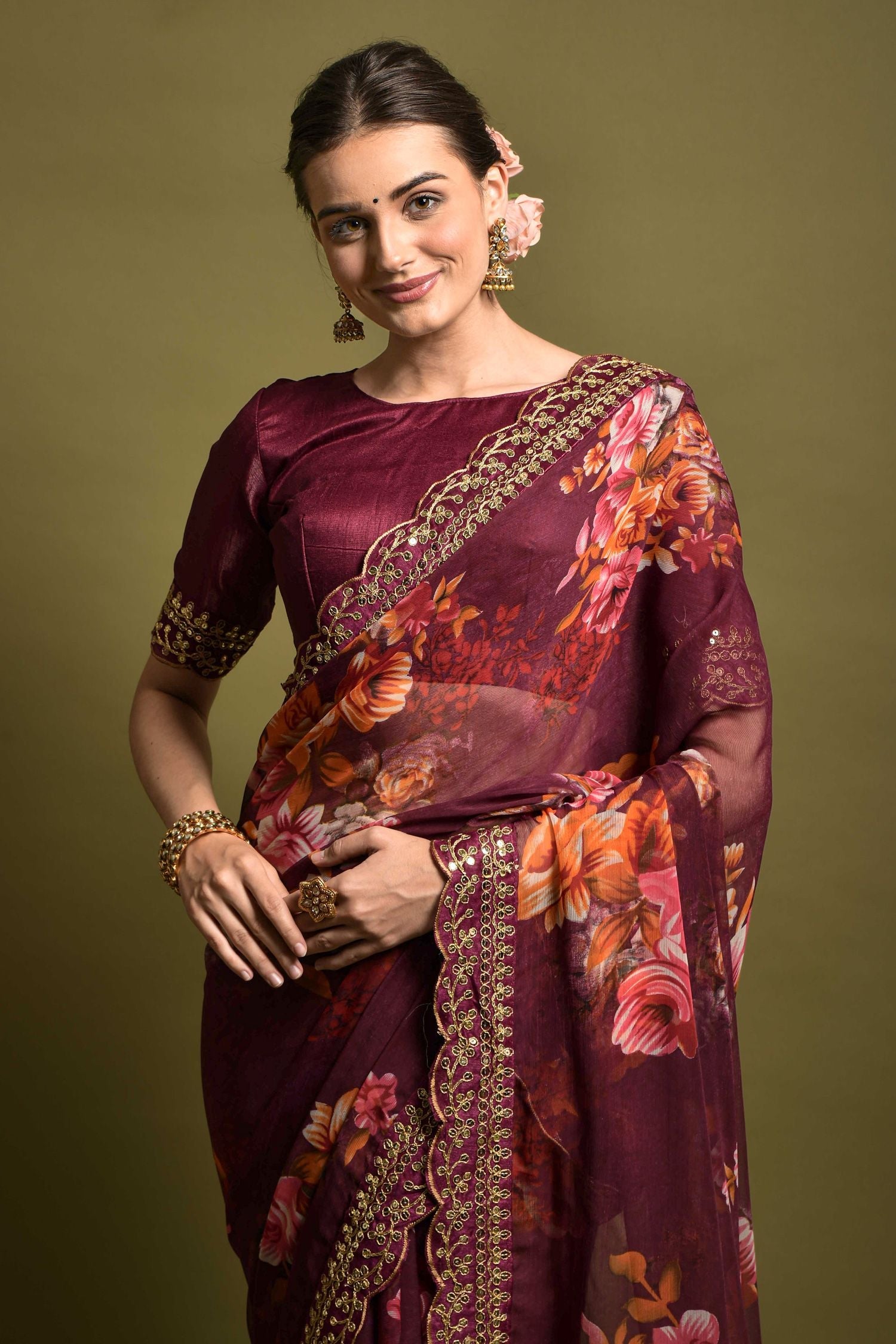 Lotus Purple Georgette Printed Silk Saree