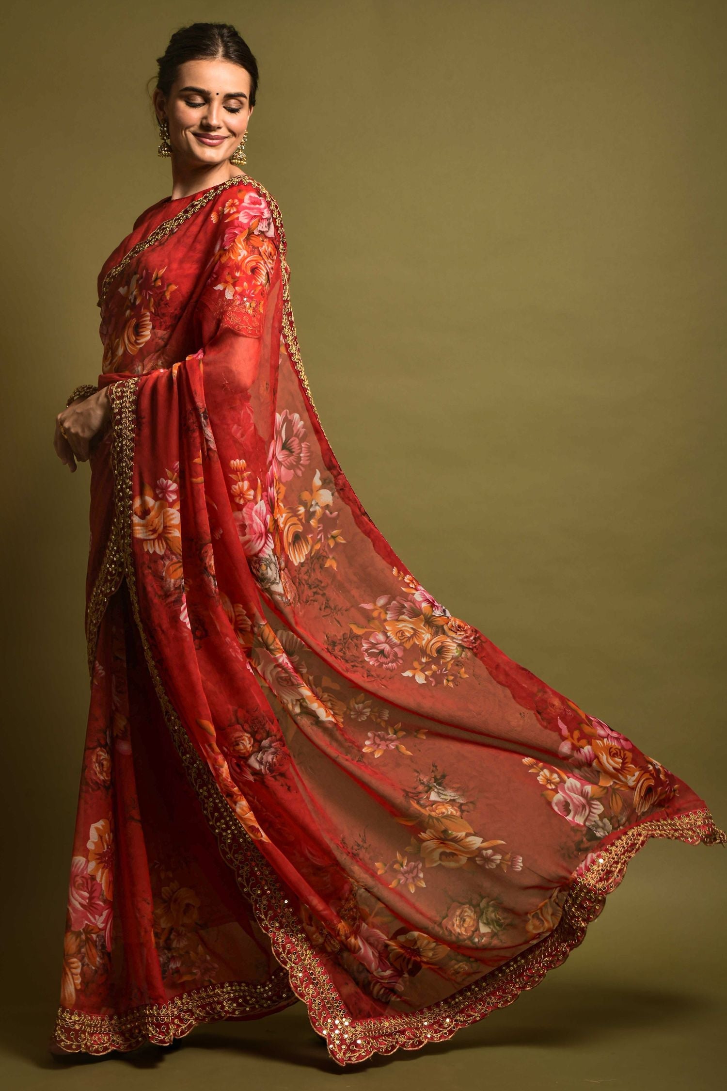 Persian Red Georgette Printed Silk Saree