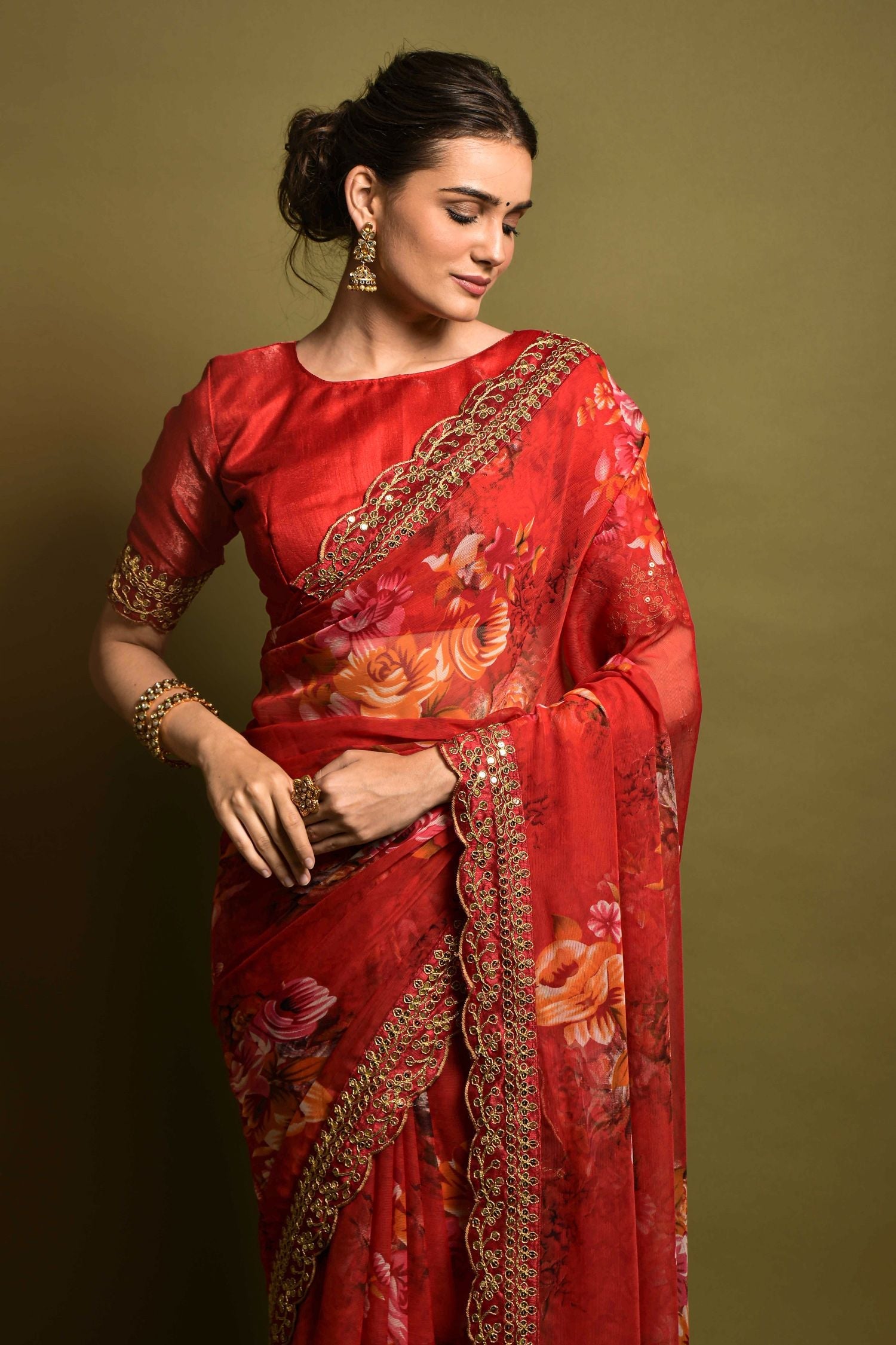 Persian Red Georgette Printed Silk Saree