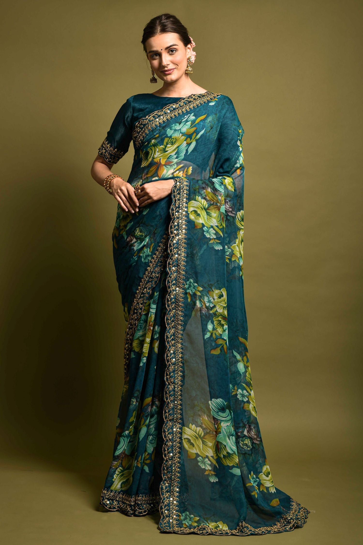 Blue Sparkle Georgette Printed Silk Saree