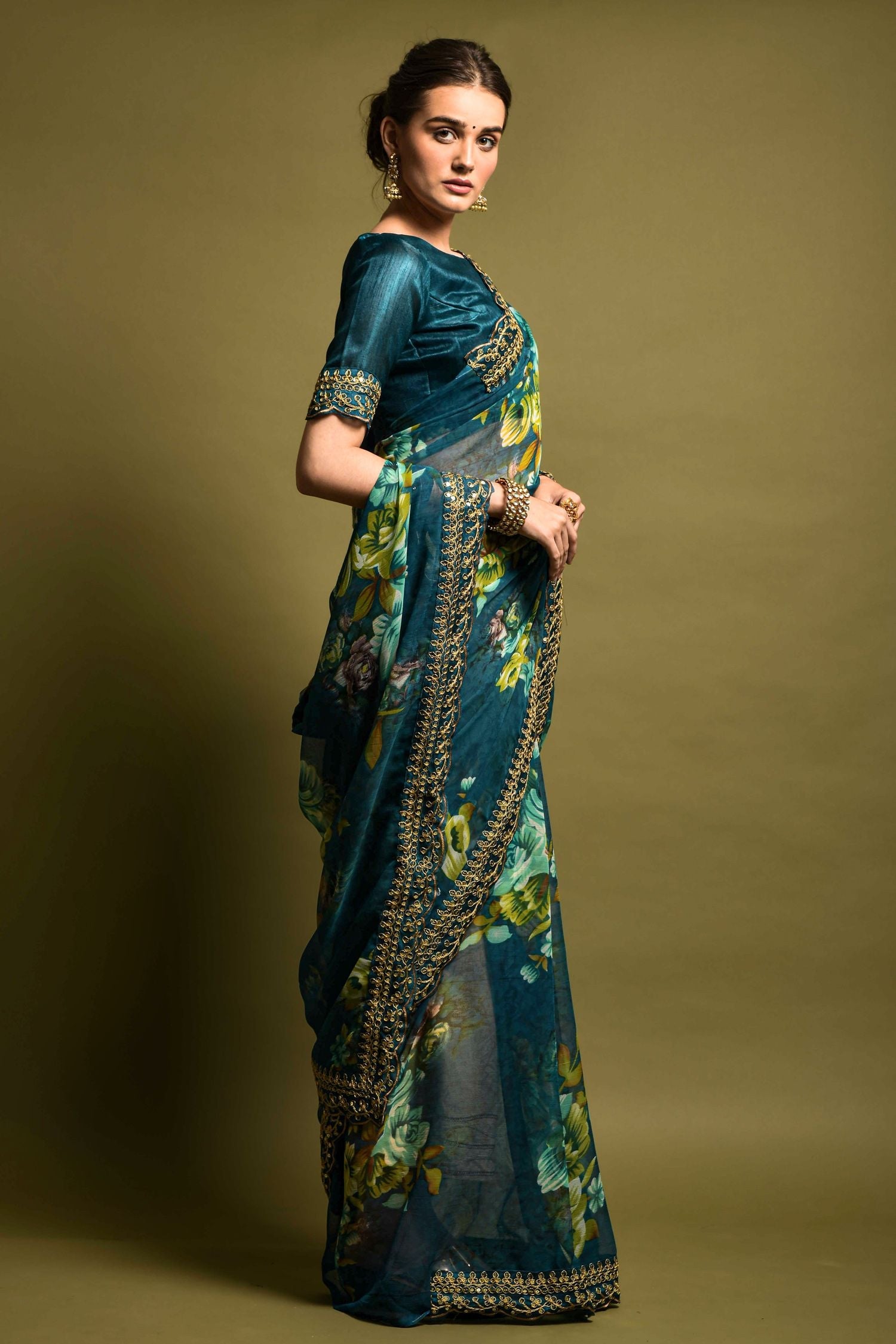 Blue Sparkle Georgette Printed Silk Saree