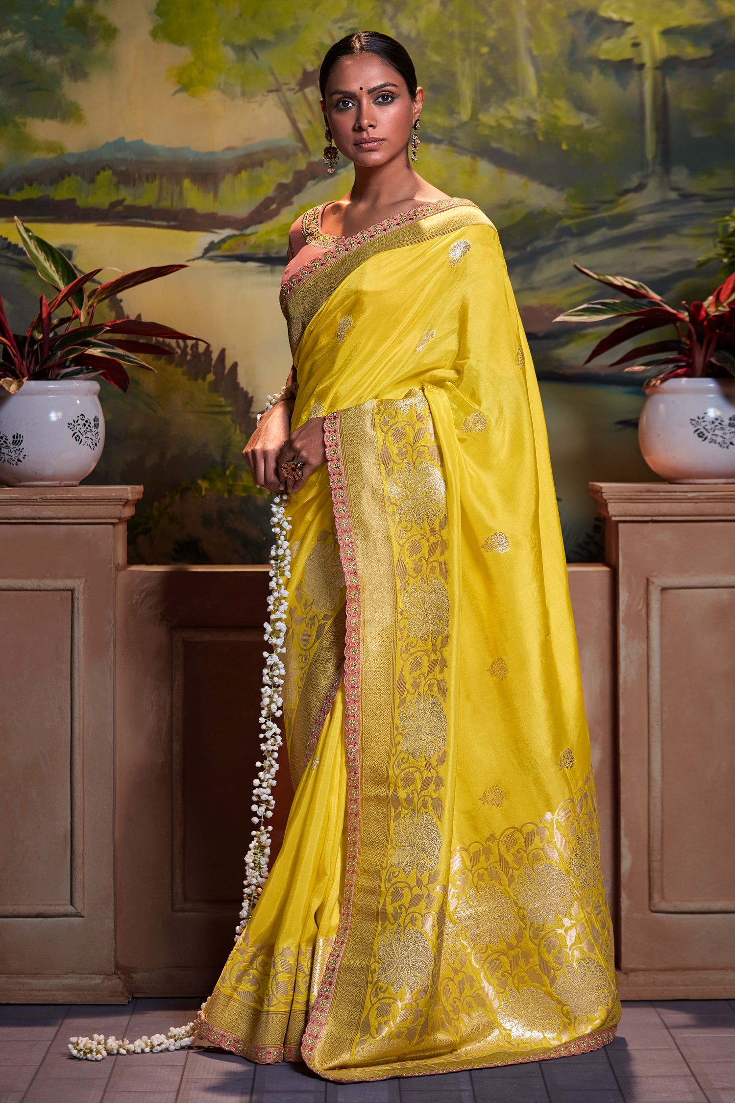 Chenin Yellow Banarasi Silk Floral Woven Saree