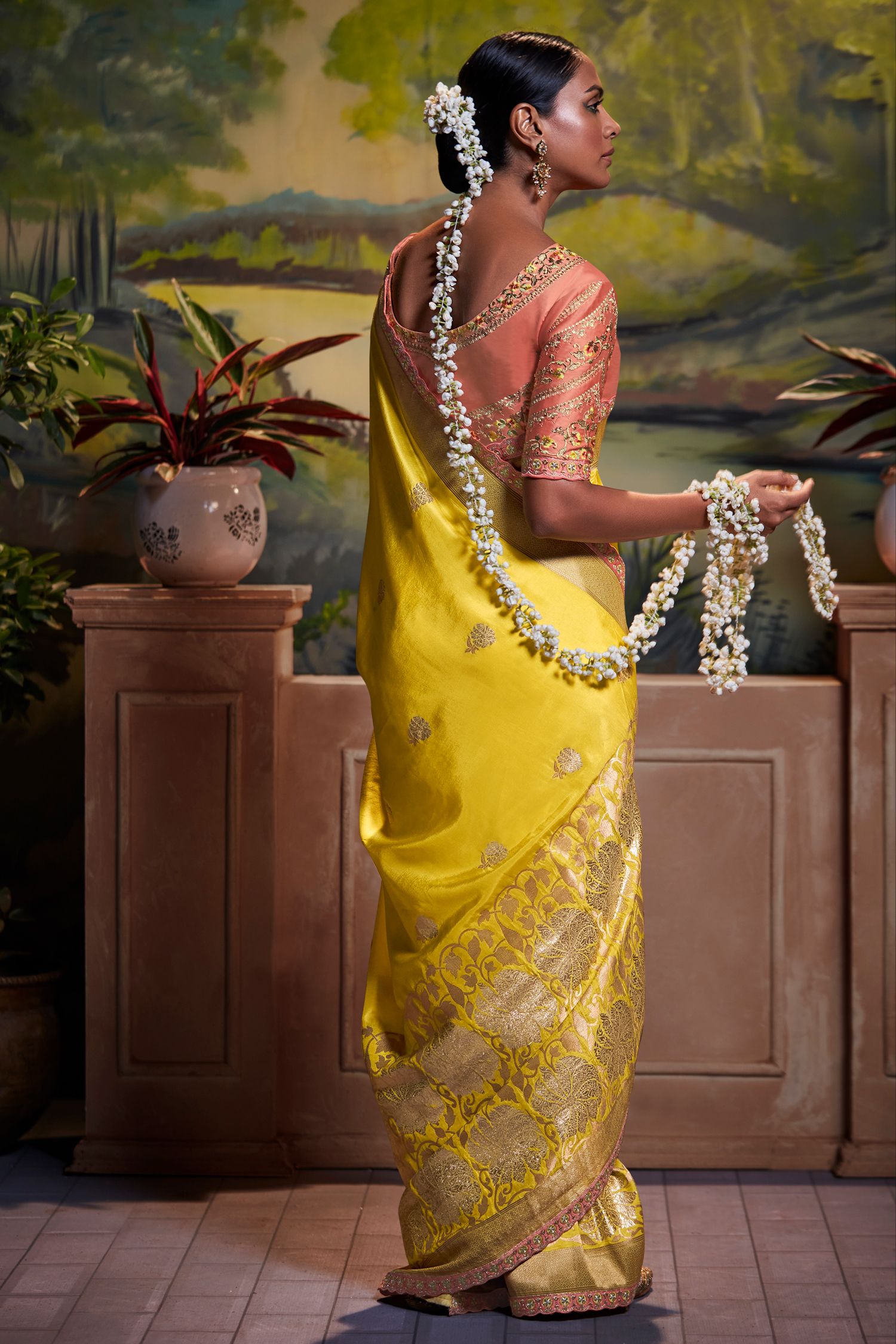 Chenin Yellow Banarasi Silk Floral Woven Saree