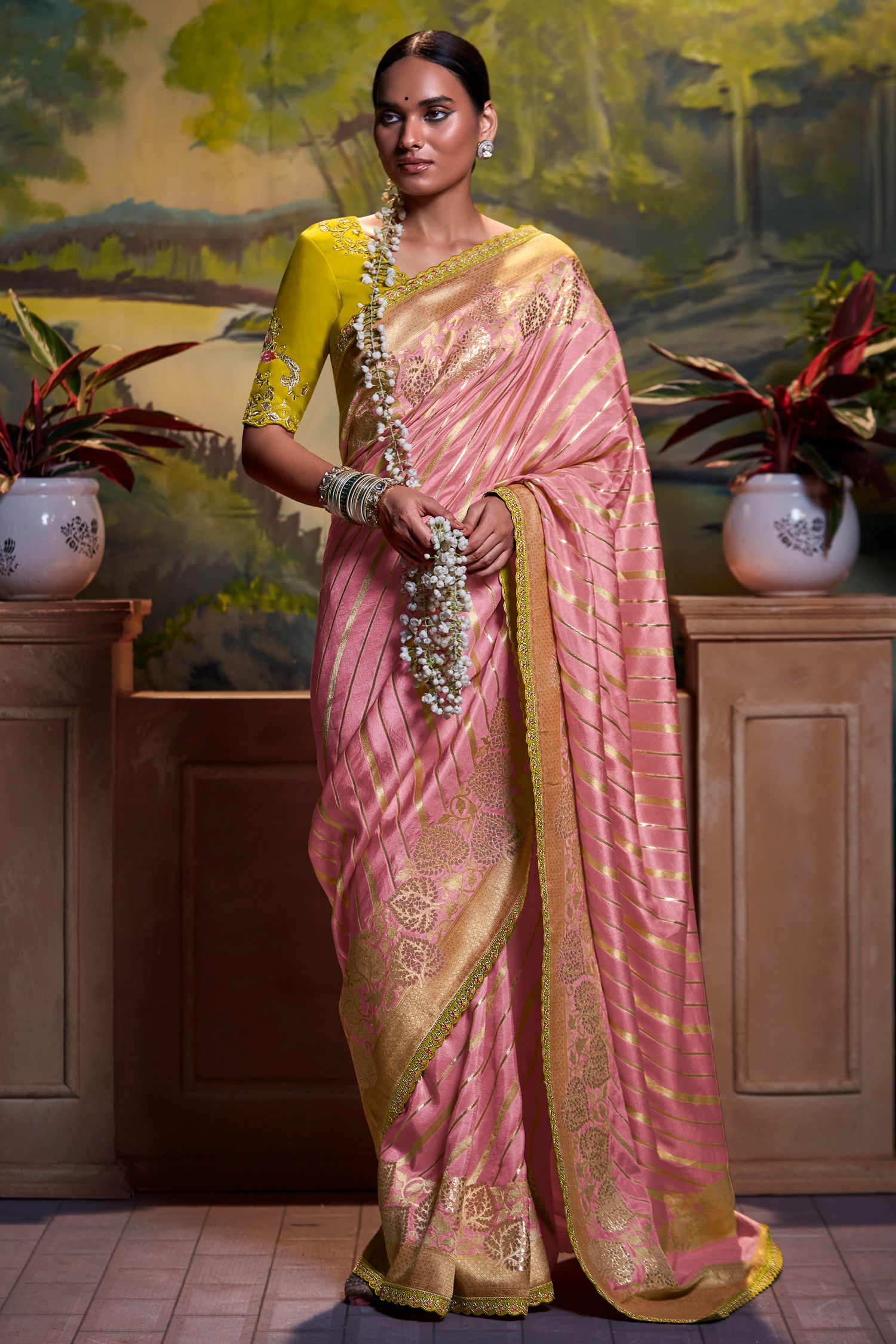 Petite Pink Banarasi Silk Floral Woven Saree