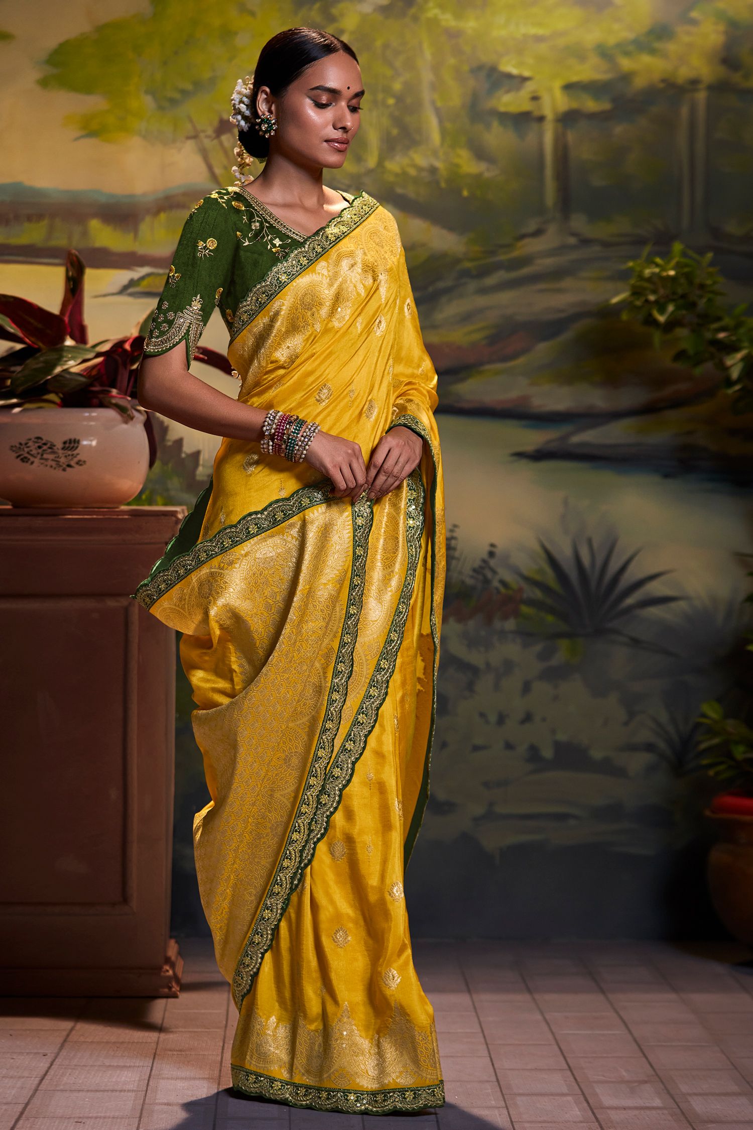 Gold Tips Yellow Banarasi Silk Floral Woven Saree