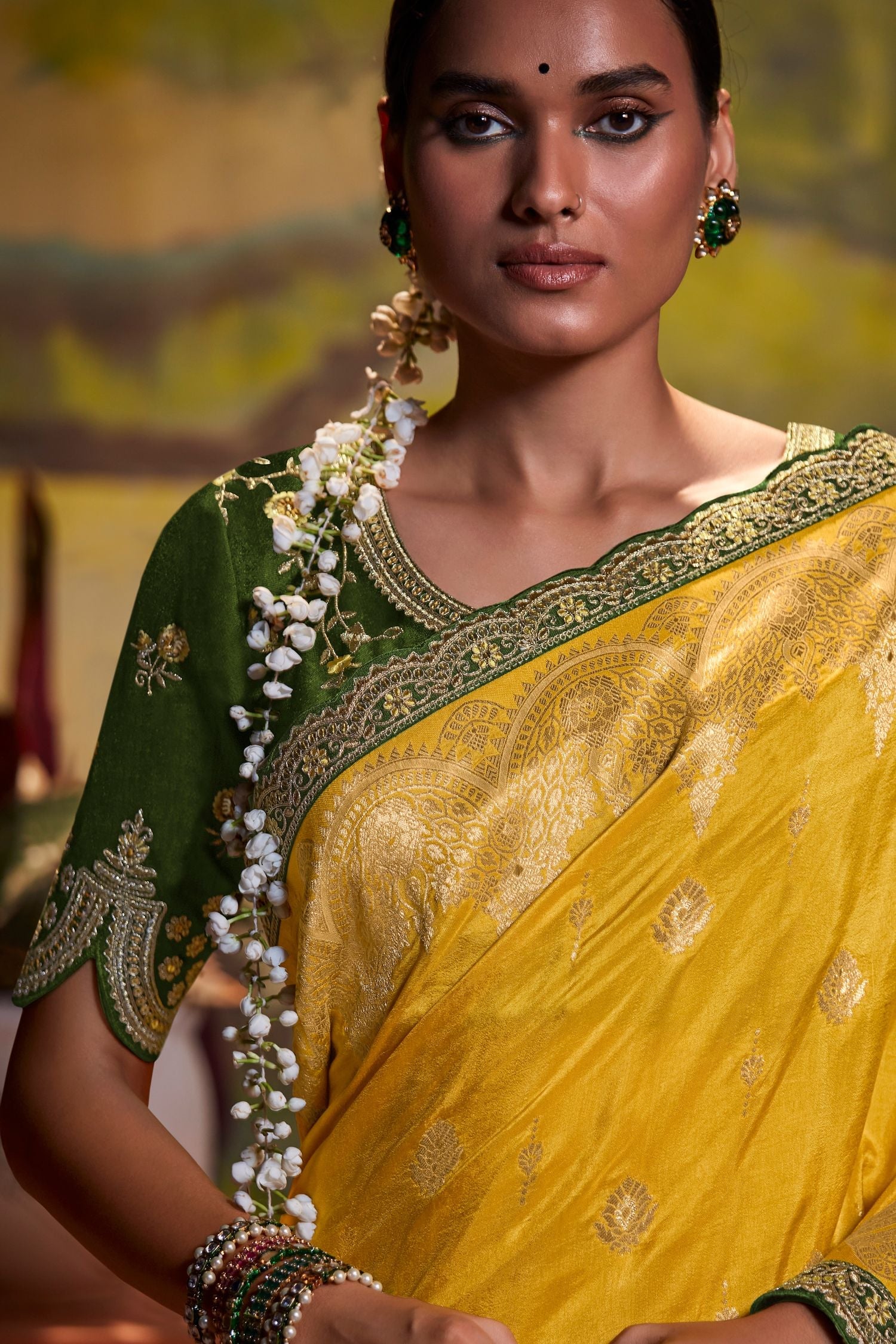 Gold Tips Yellow Banarasi Silk Floral Woven Saree