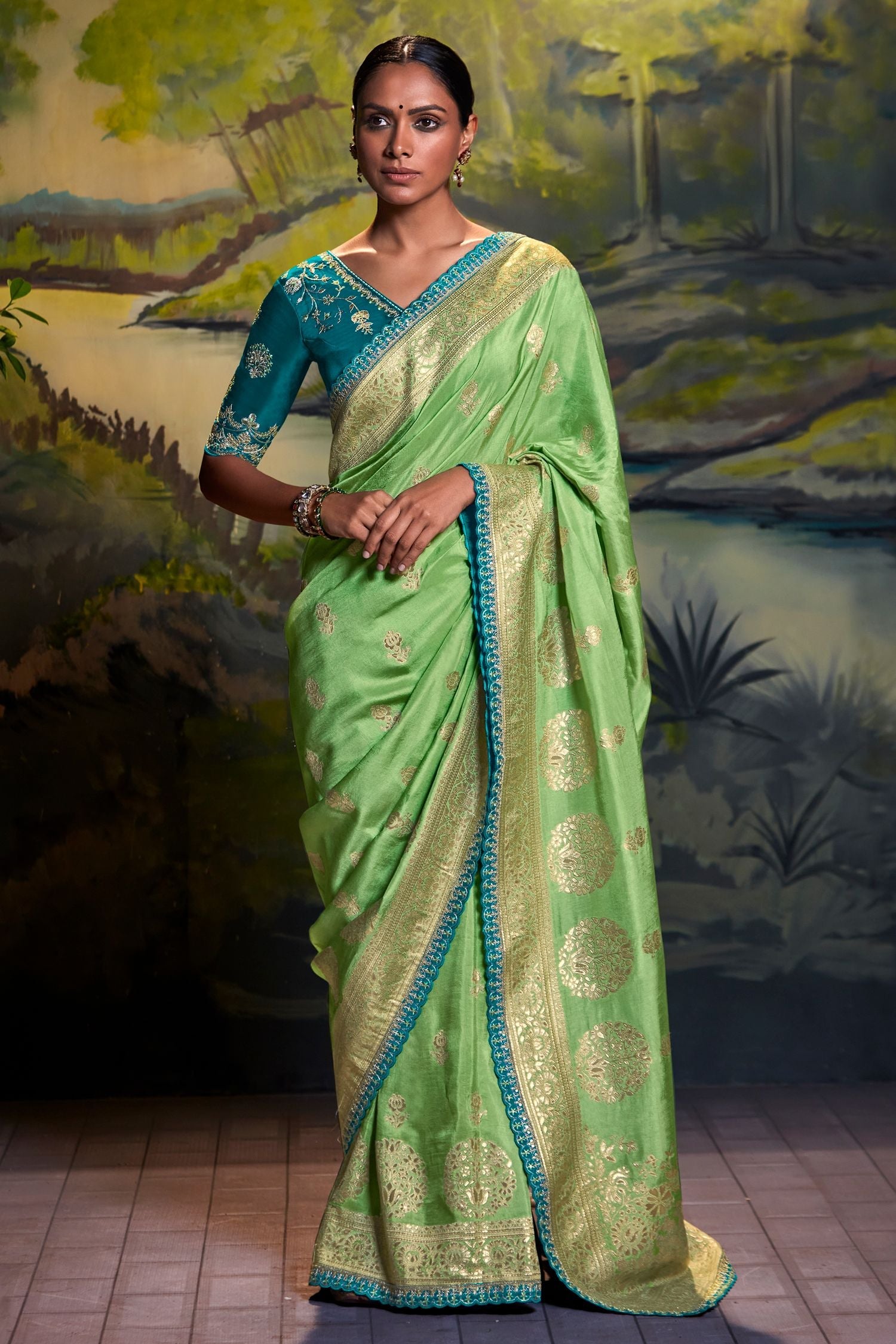 Feijoa Green Banarasi Silk Floral Woven Saree