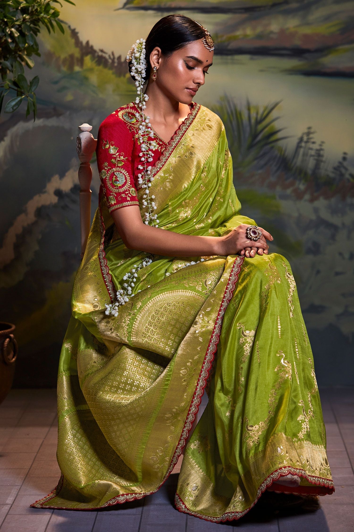 Lemon Green Banarasi Silk Floral Woven Saree