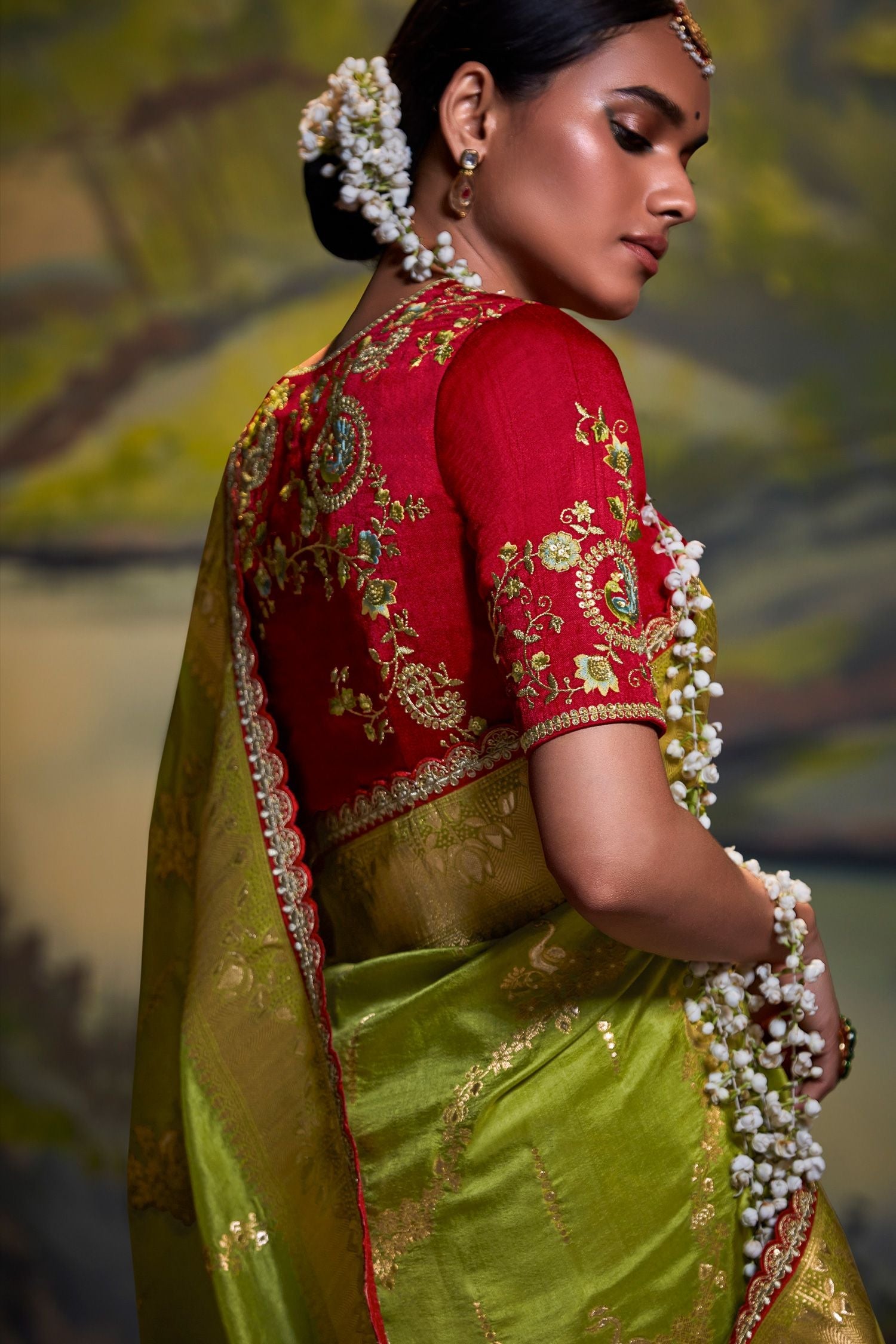 Lemon Green Banarasi Silk Floral Woven Saree