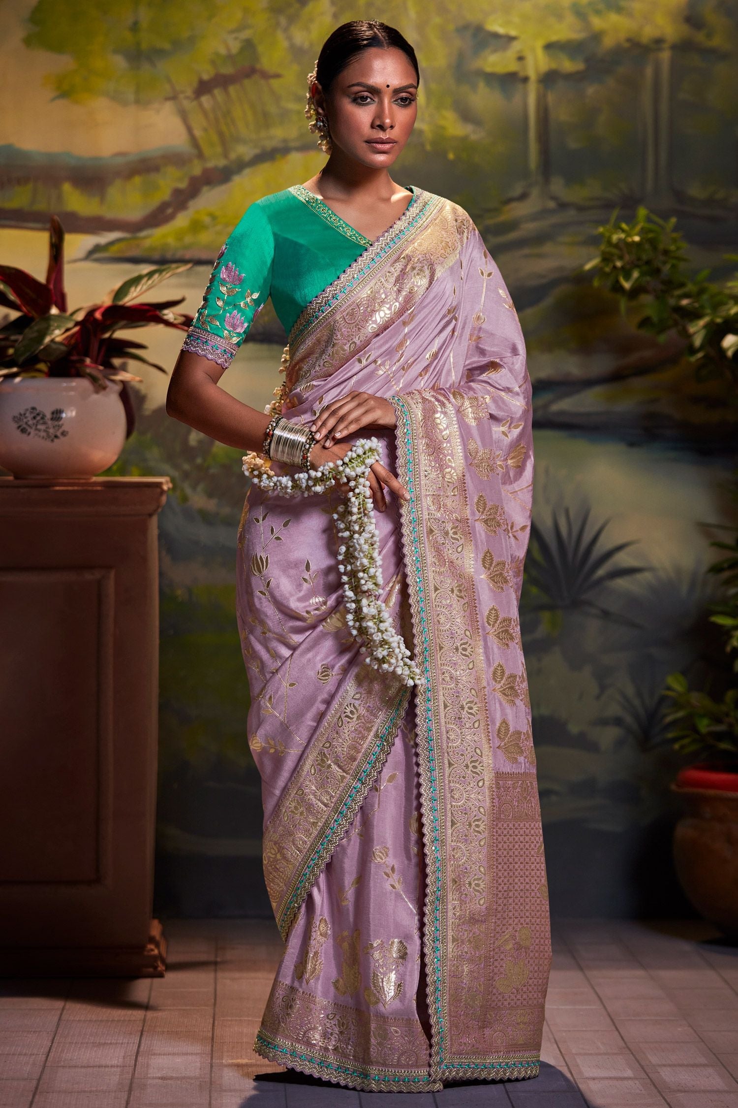 Lilac Purple Banarasi Silk Floral Woven Saree