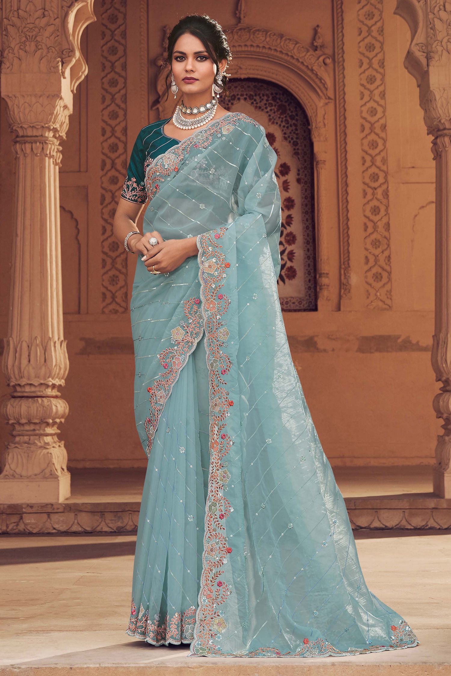 Blue Smoke Organza Silk with Embroidered Designer Saree