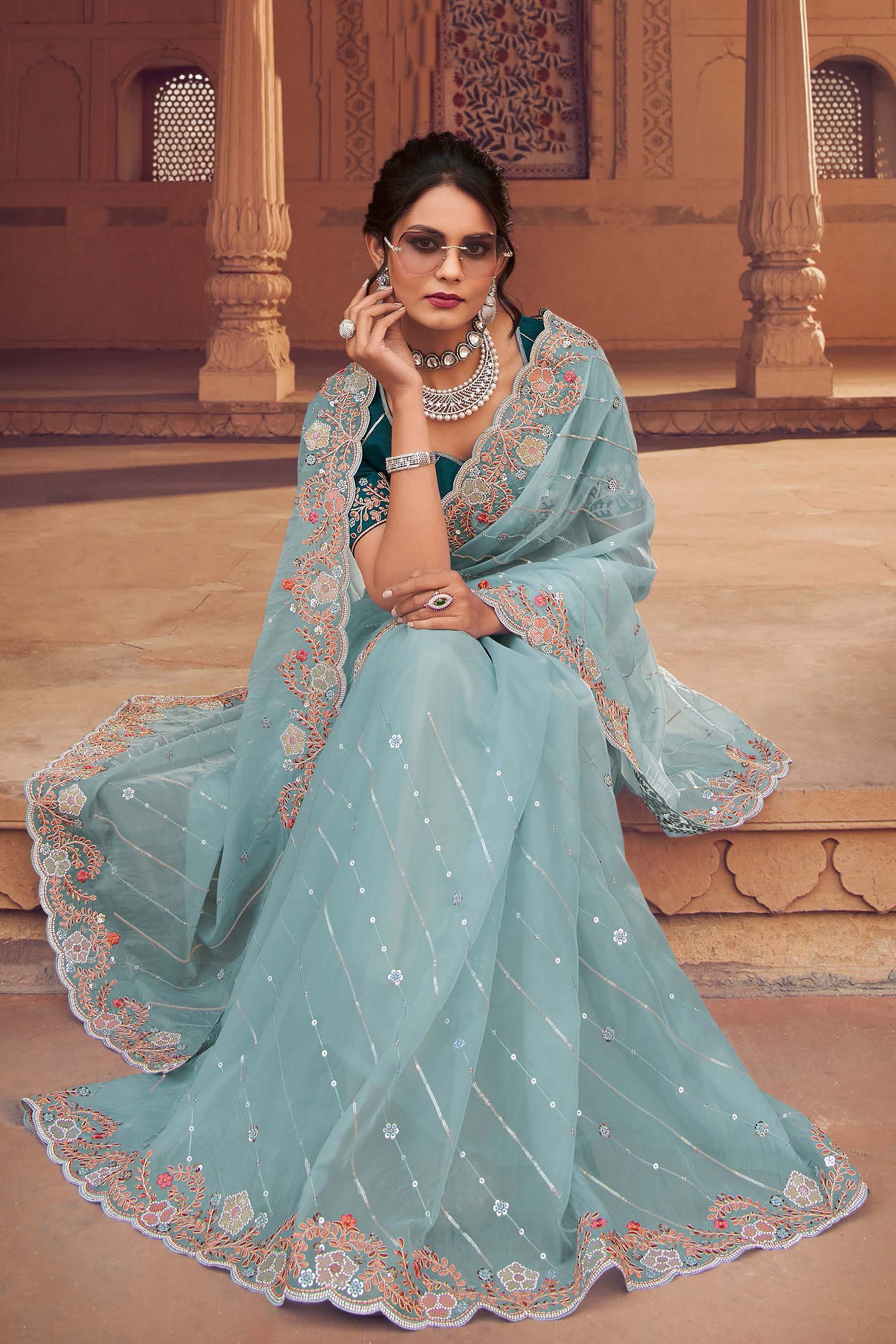 Blue Smoke Organza Silk with Embroidered Designer Saree