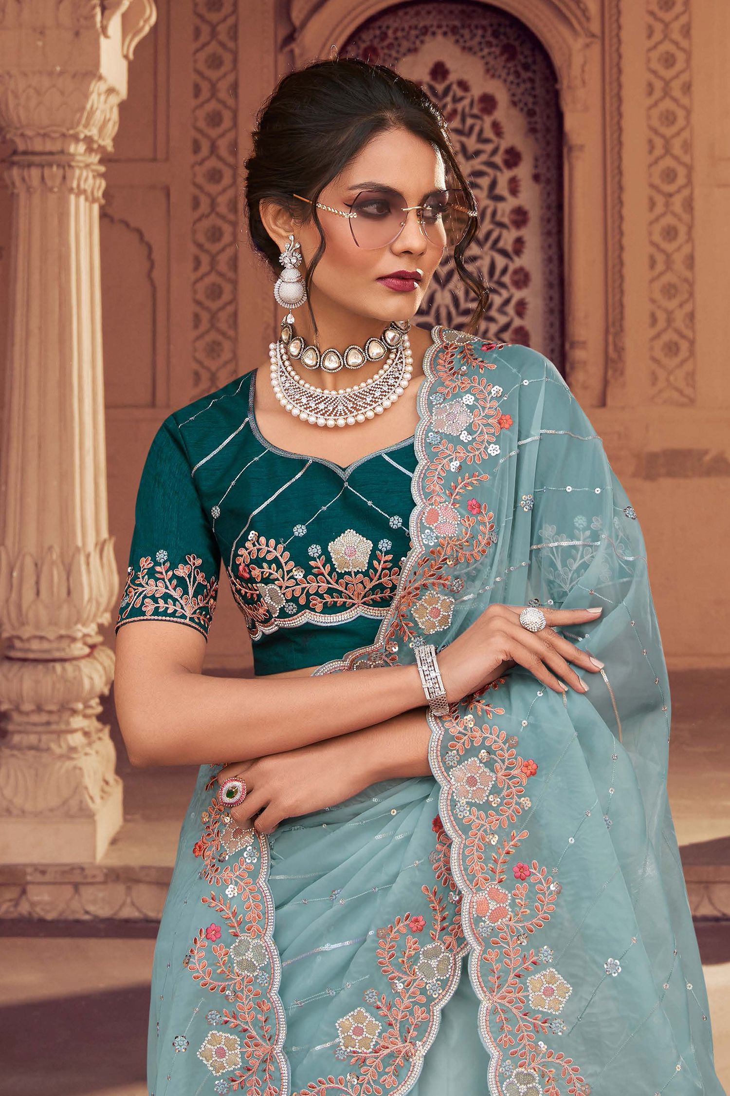 Blue Smoke Organza Silk with Embroidered Designer Saree