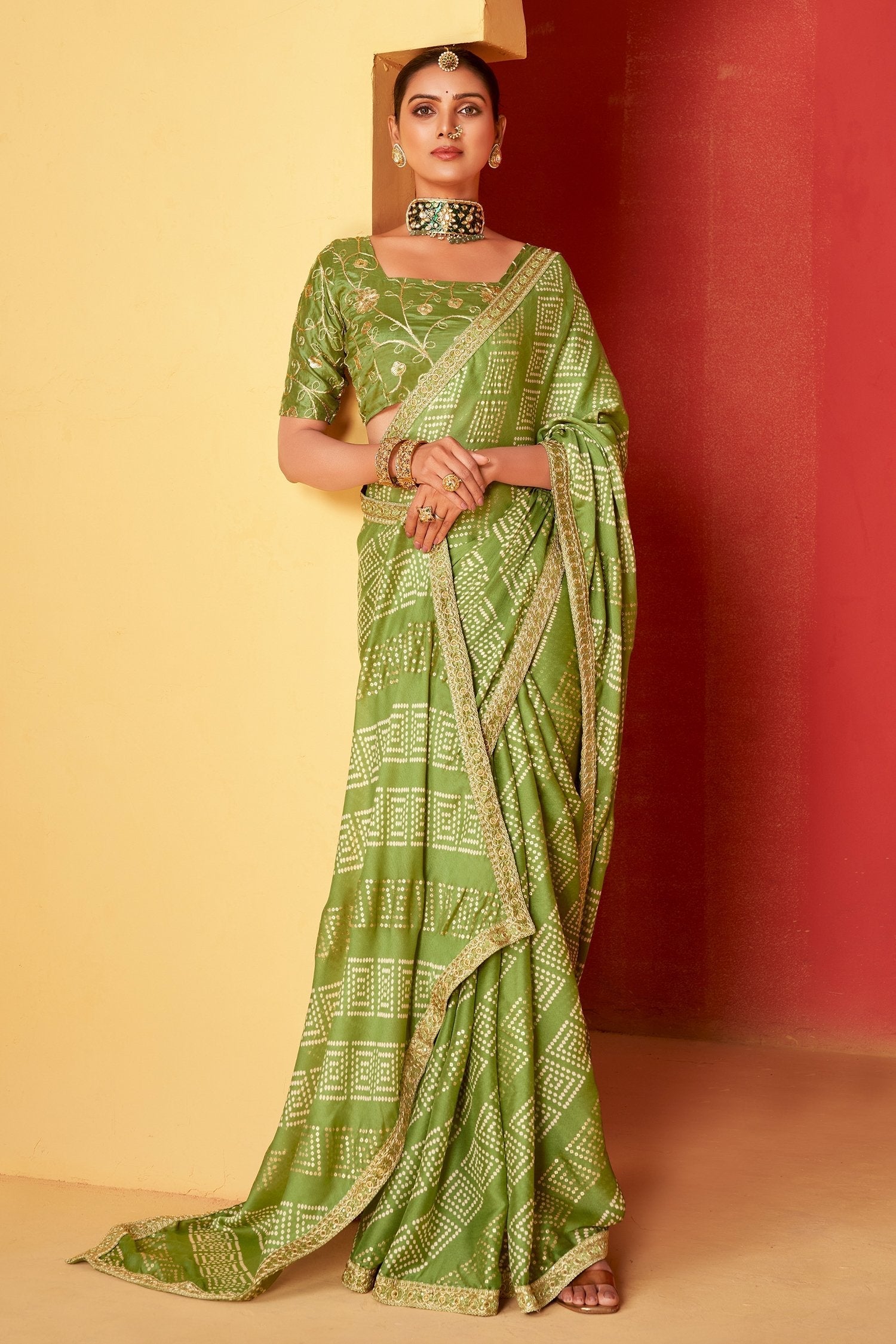 Christi Green Chiffon Bandhani Embroidery Saree