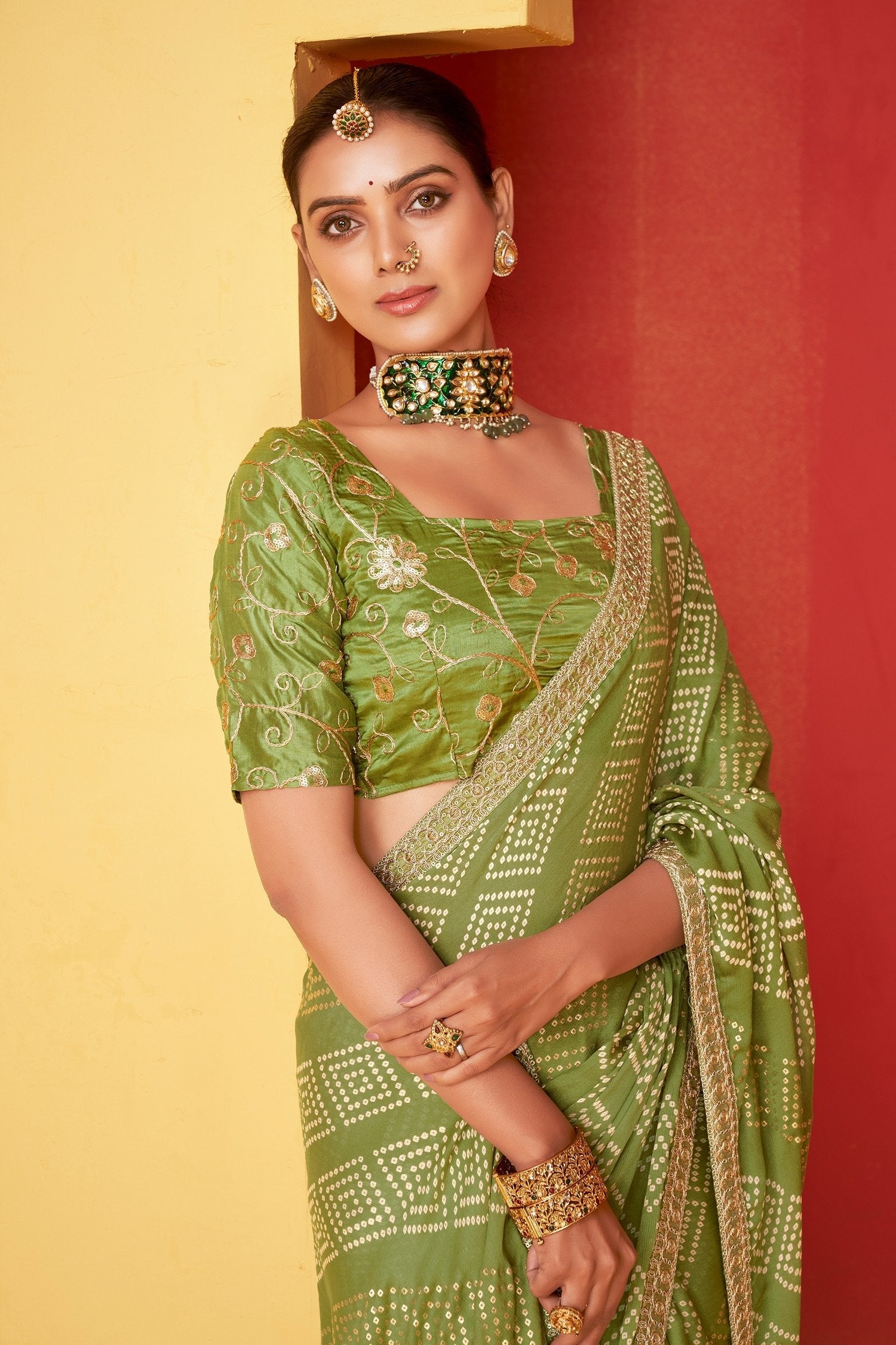 Christi Green Chiffon Bandhani Embroidery Saree