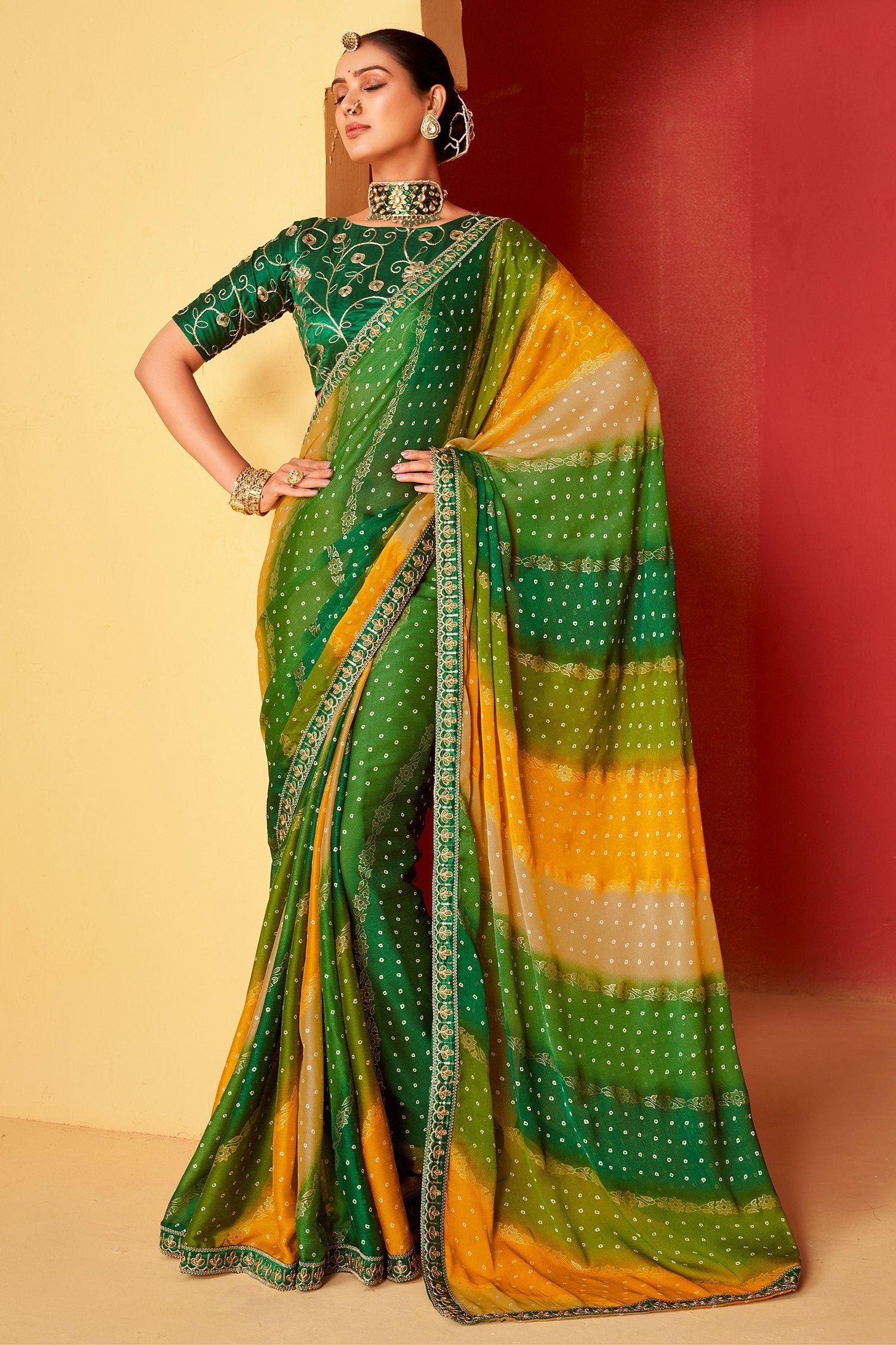 Emerald Green and Yellow Chiffon Bandhani Embroidery Saree