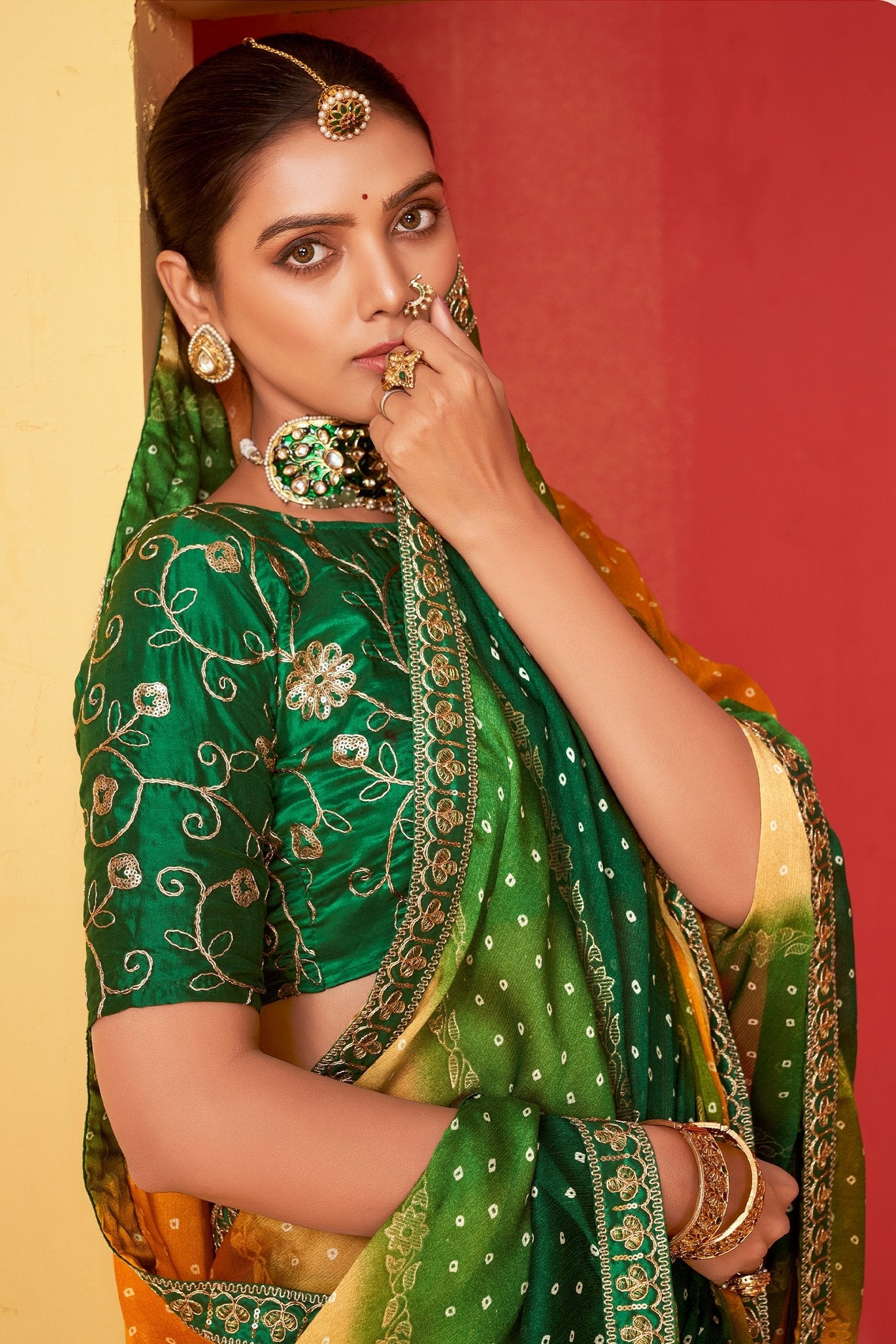 Emerald Green and Yellow Chiffon Bandhani Embroidery Saree