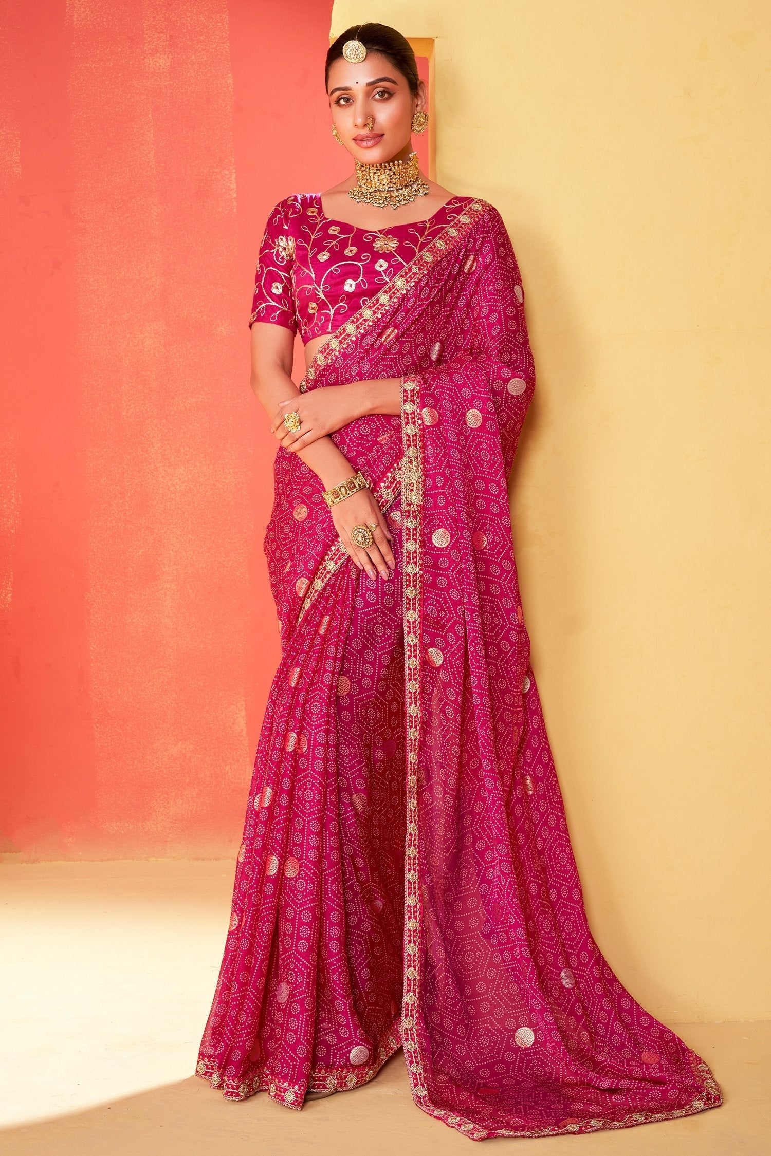 Barbie Pink Chiffon Bandhani Embroidery Saree