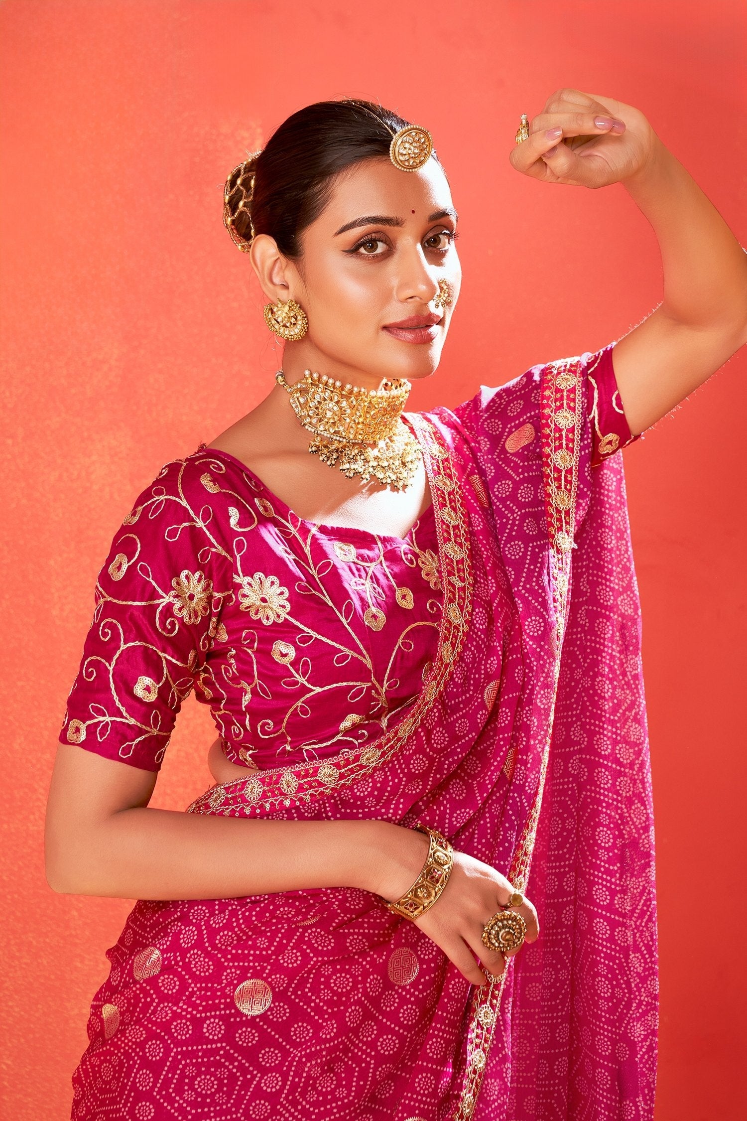 Barbie Pink Chiffon Bandhani Embroidery Saree