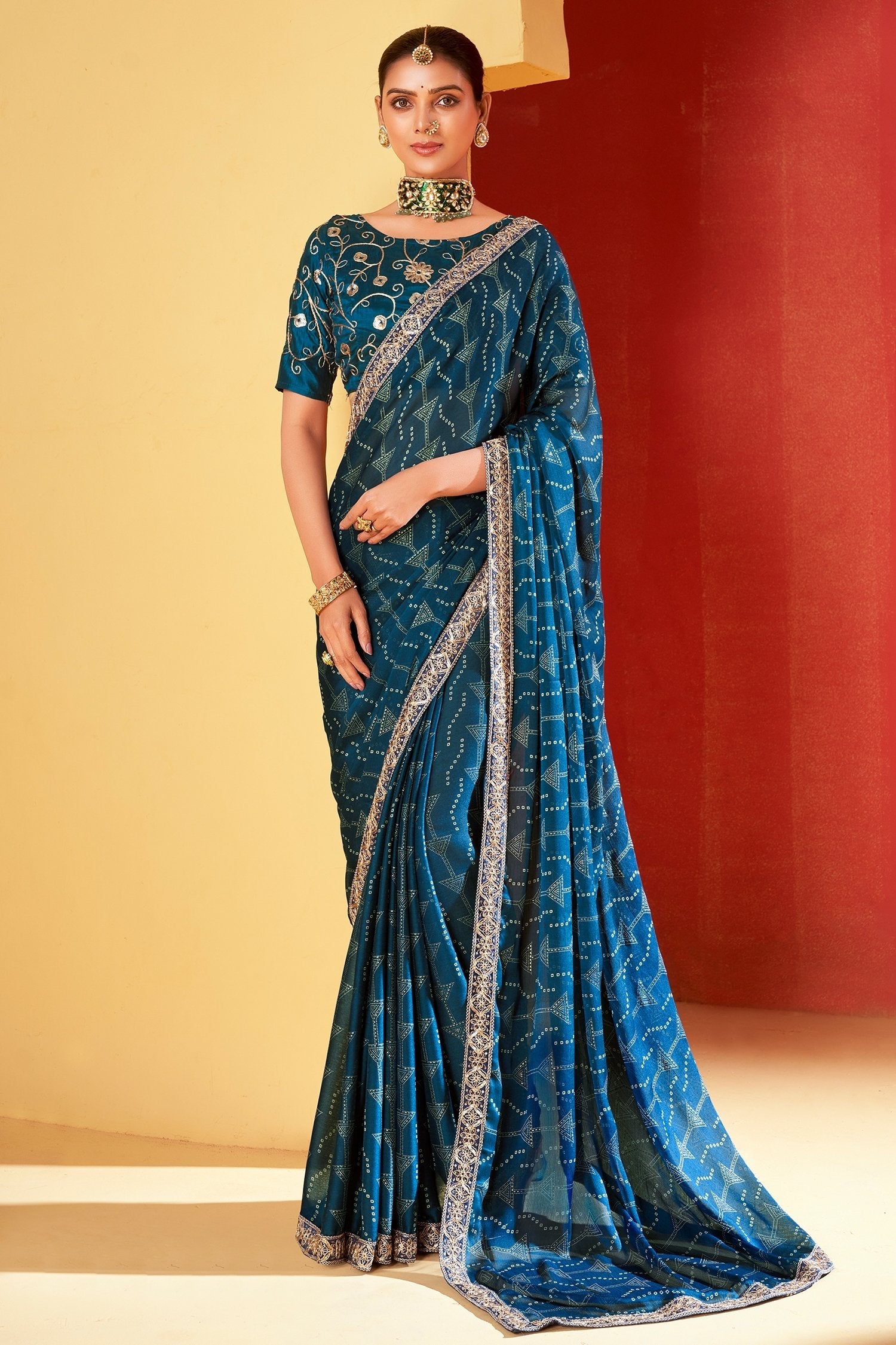 Berry Blue Chiffon Bandhani Embroidery Saree