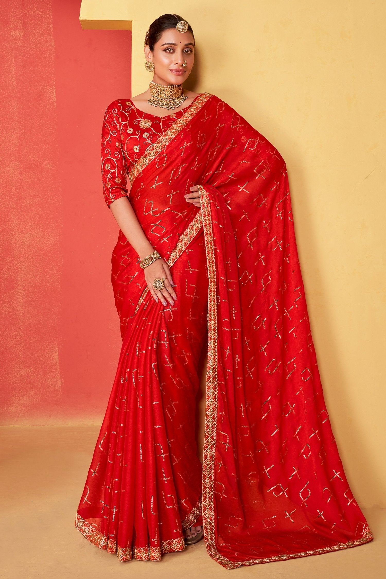 Persian Red Chiffon Bandhani Embroidery Saree