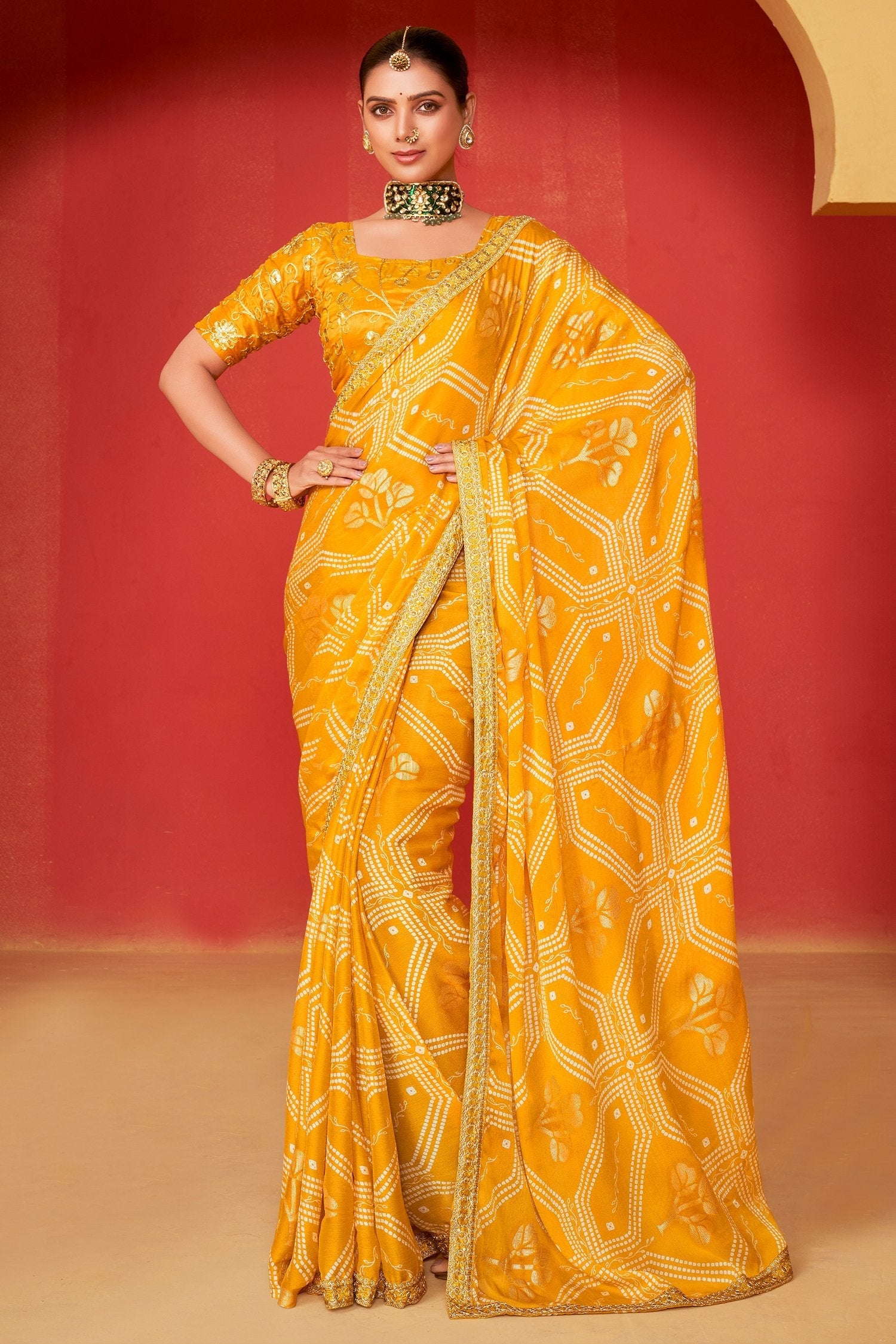 Cyber Yellow Chiffon Bandhani Embroidery Saree